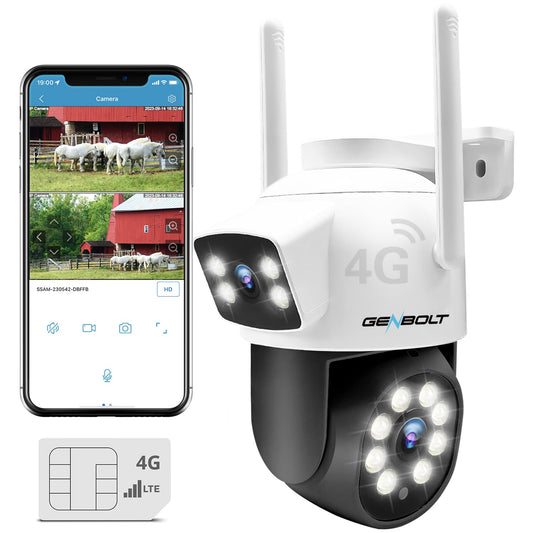 GENBOLT 3G/4G LTE Caméra Surveillance sans WiFi, Caméra Extérieure Double Objectif avec Carte Sim, PoE PTZ CCTV IP Camera 4G Cellulaire Détection Humaine Nuit Couleur Suivi Auto, Stockage Cloud