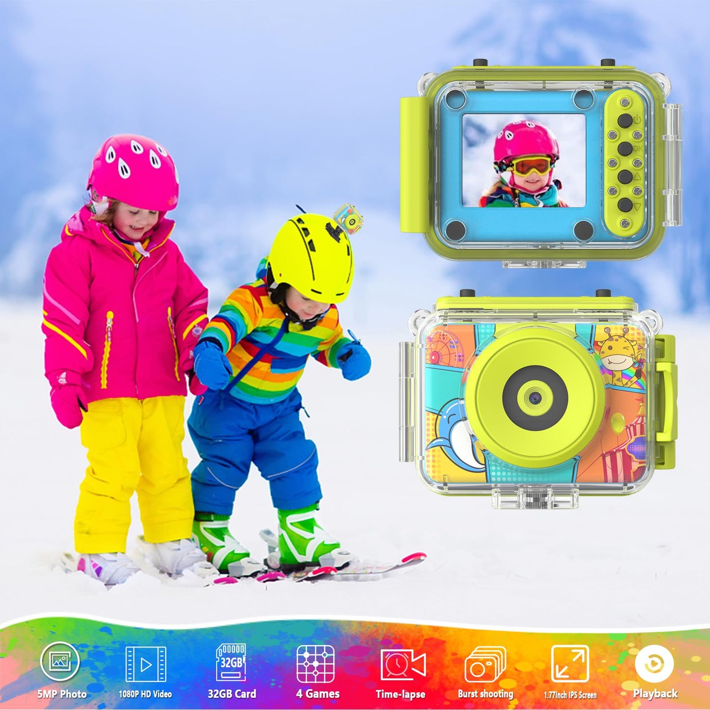 Appareil Photo Enfant Étanche, Rotative à 180° Appareil Photo Numérique pour Enfants,12M/1080P Caméra Vidéo d'action sous-Marine Enfants avec Carte SD 32GB pour 3-12 Ans Filles & Garçons Cadeau-Bleu