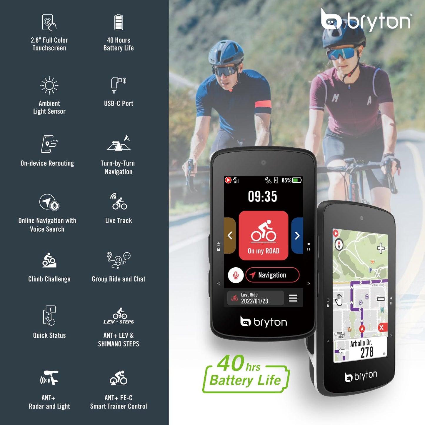 Bryton Rider 750SE Ordinateur de vélo GPS à écran Tactile Couleur LCD 2,8", Carte UE Hors Ligne, Compatible avec Le Radar de vélo, 40 Heures d'autonomie, Navigation avec trajectoire Courbe par Virage