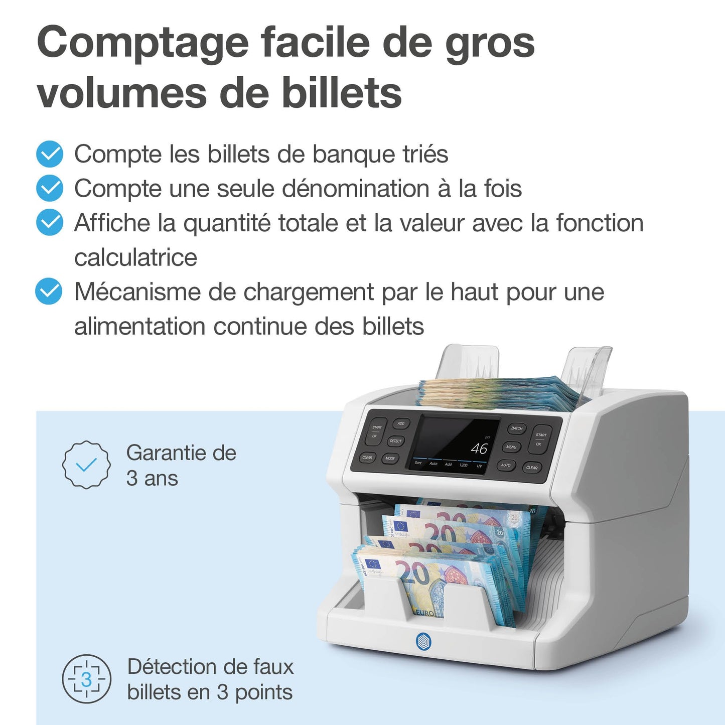 Safescan 2850 compteuse de billets qui compte les billets triés - Compteur de billets avec détection de faux billets sur 3 points - Machine à compter les billets triés de toutes les devises