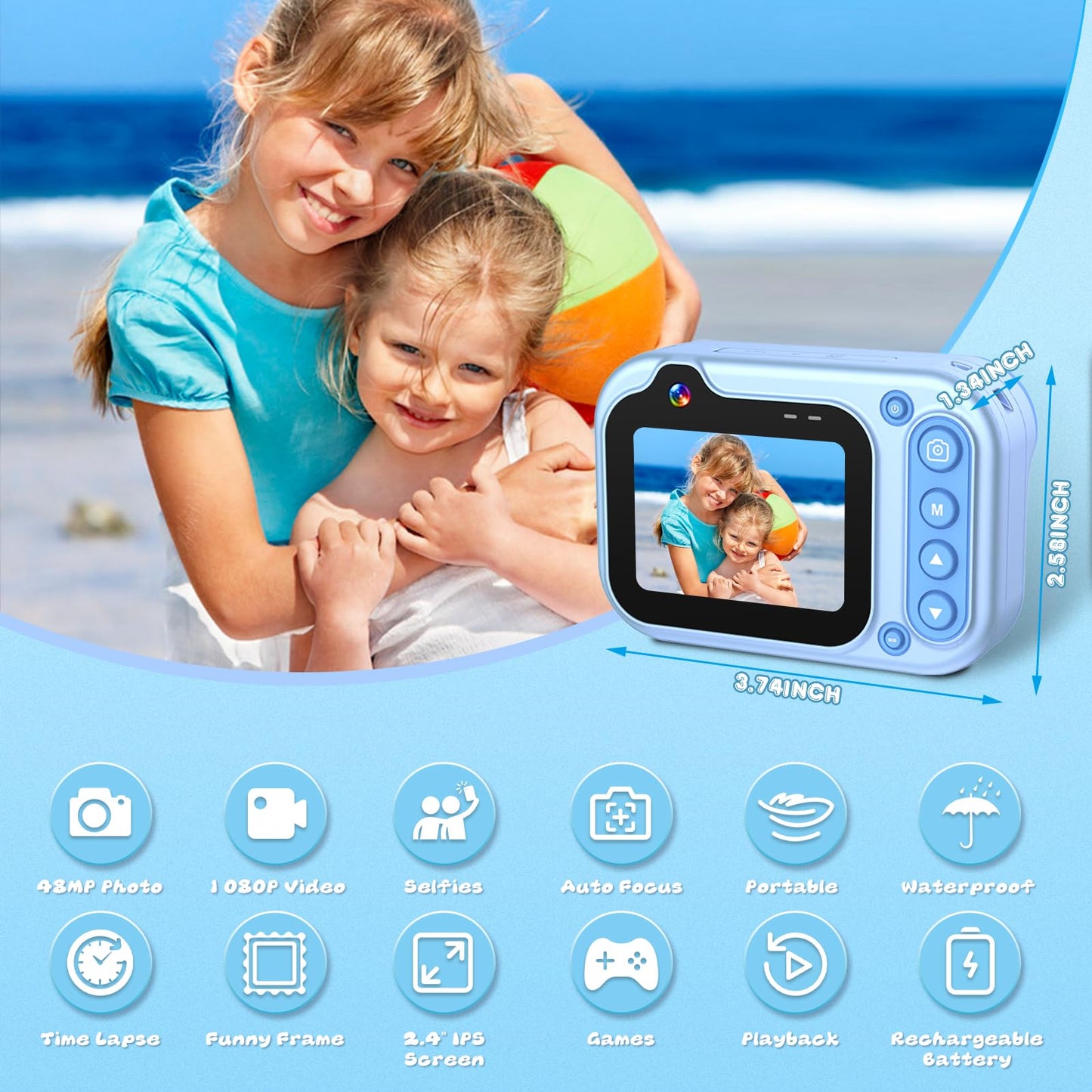 Appareil Photo Numérique Etanche 10FT 1080P Full HD 26MP Camera Etanche, 10X Zoom Numérique Caméras Étanches pour Plongée en Apnée, Selfies sous-Marins, Natation, Plage, Parc Aquatique - Bleu