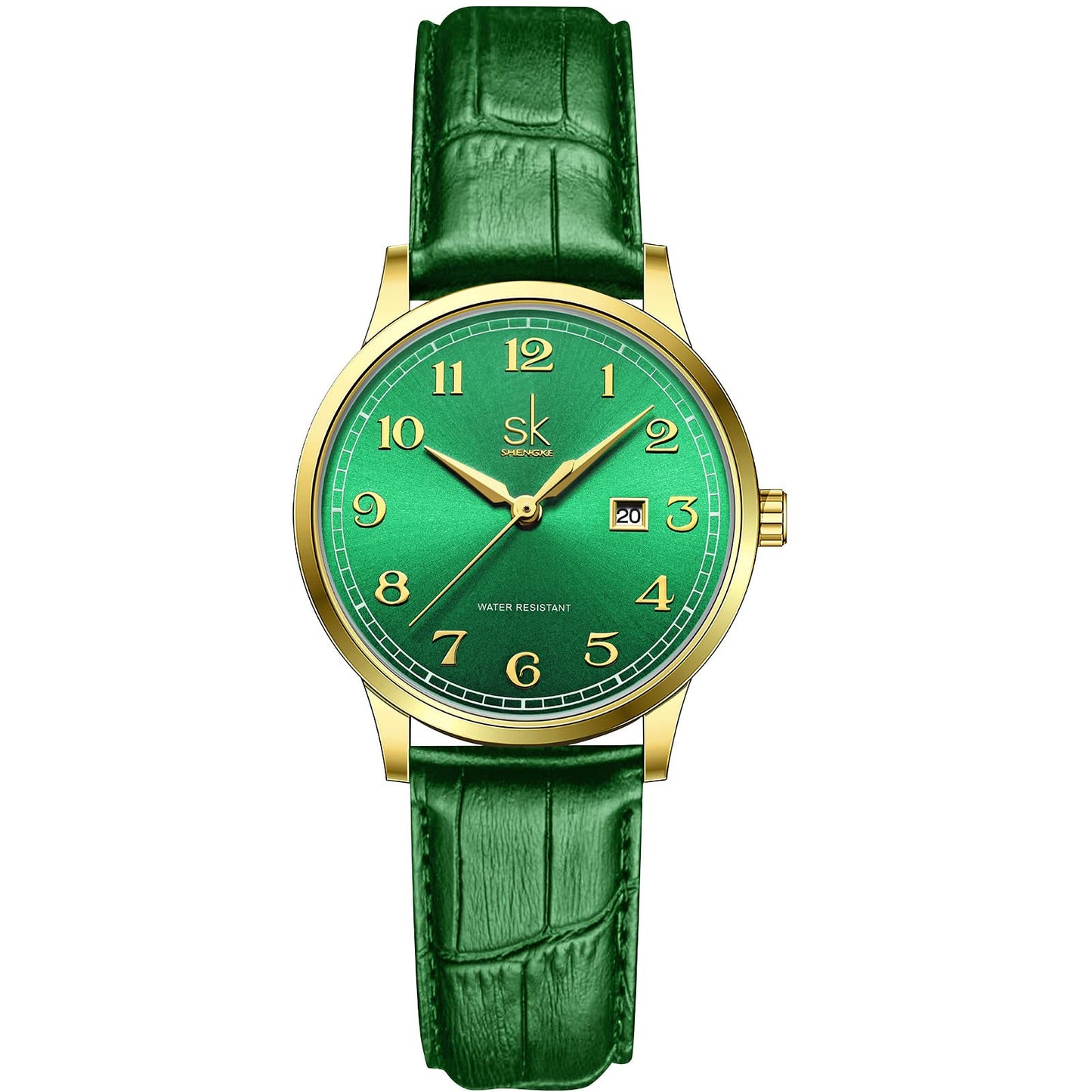 SHENGKE SK Classic Business Women Montres avec Bracelet en Acier Inoxydable et Montre élégante en Cuir véritable pour Dames (Gold-Green)