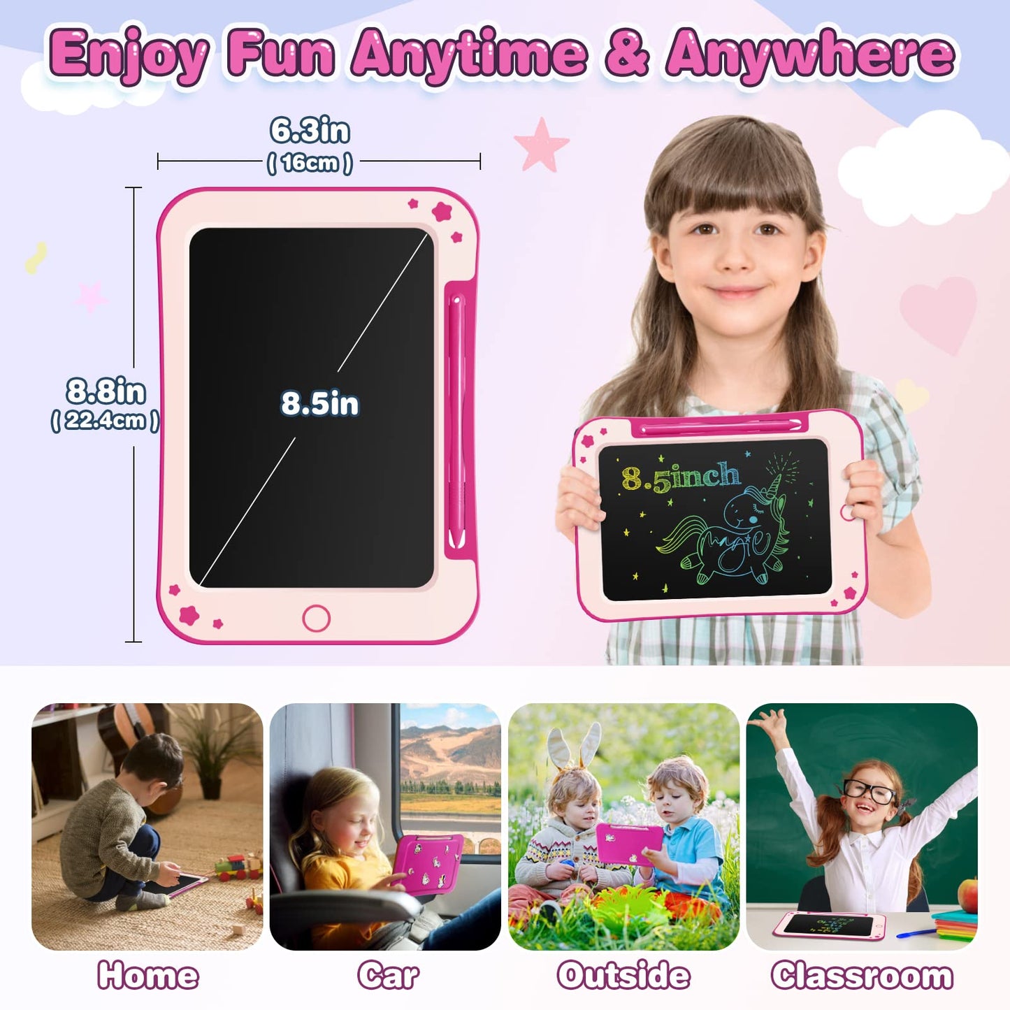 TEKFUN Tablette Dessin Enfant Jouets Enfant 3 4 5 6 7 Ans Garçon Fille,Tablette d'écriture LCD 8,5 Pouces Ardoise Magique,éducatifs Jouet Cadeaux d'anniversaire de Noël pour Enfants (Rose)