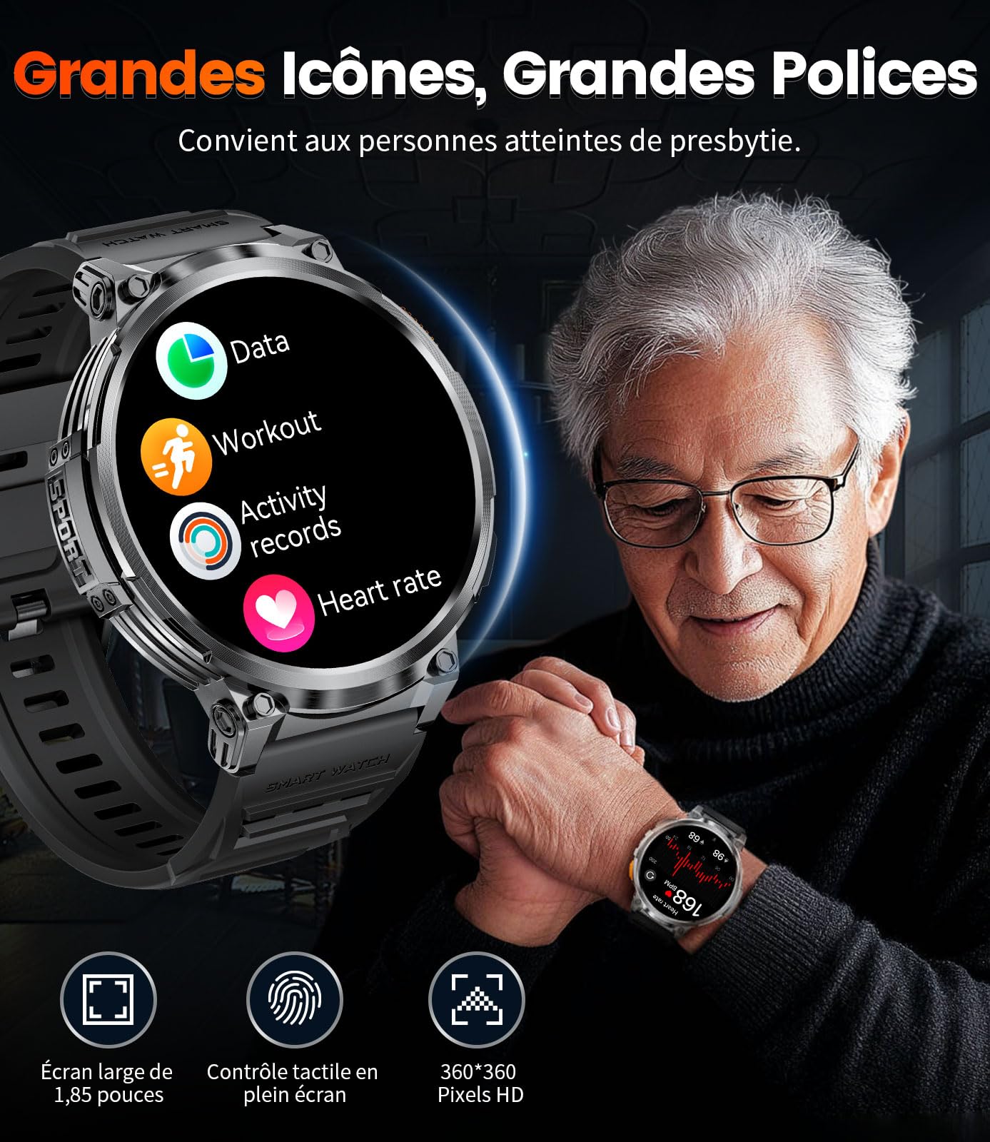 LIGE Montre Connectée Homme, 1,85 "HD IPS Grand Écran, 730mAh Batterie Montre Connectée Sport, 120 + Modes Sportifs, IP68 Montre Connectée Waterproof, Fréquence Cardiaque 24/7, Android iOS