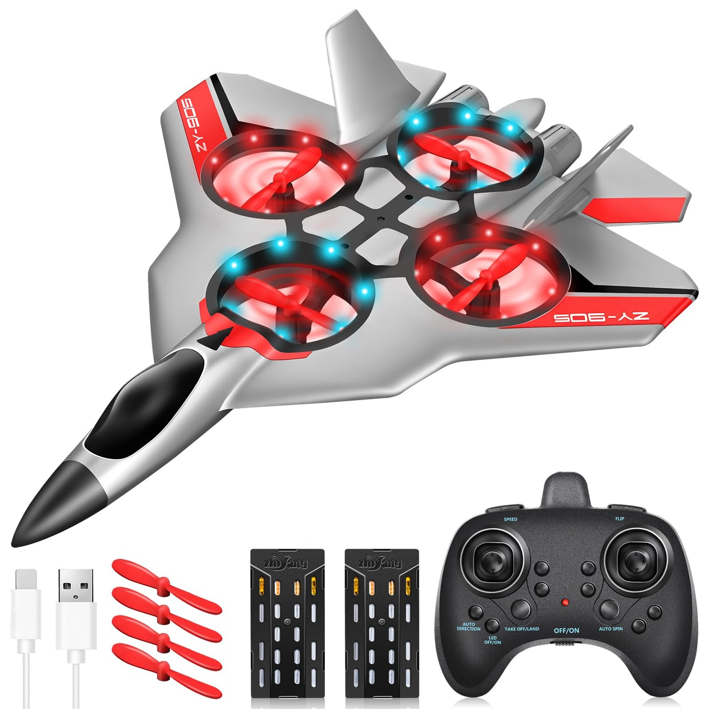 JONRRYIN Avion Télécommandé, 2,4 GHz Avion RC avec LED, Avion Radiocommandé pour Enfants avec Gyroscopique à 6 Axes, Planeur Volant Jouet pour Enfants Adult Anniversaire Noël Fête Cadeaux (Argent)