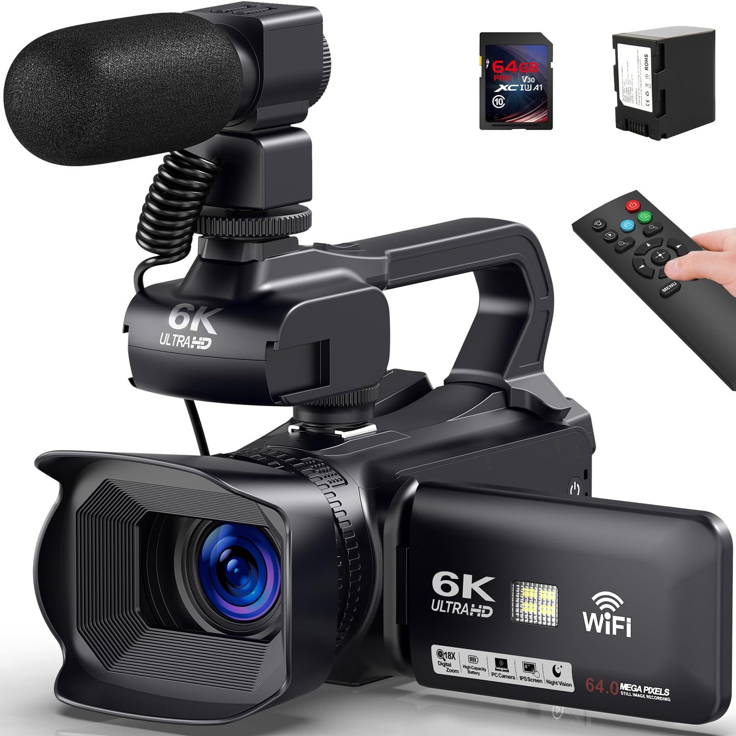 Caméscope 6K 64MP Écran Tactile 18X Zoom Numérique Vision Nocturne Infrarouge Vlogging Caméra pour YouTube, Caméra vidéo WiFi avec Pile 4500mAh, Carte SD 64 Go,Stabilisateur,Microphone et Télécommande