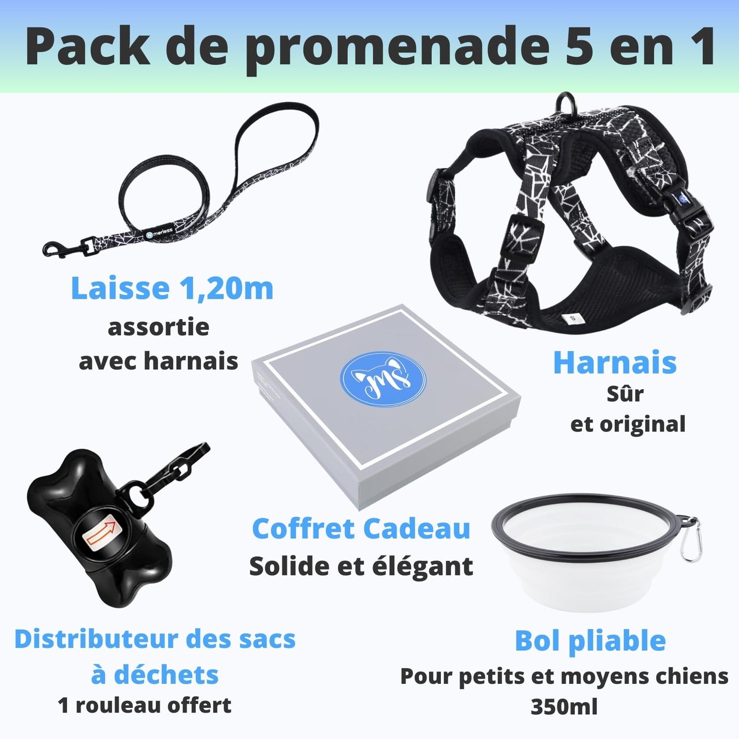 Harnais et Laisse pour Chien Chiot Chat Harnai Réglable Original Arnet Anti Traction Coffret Cadeau pour Chiens de Très Petite Taille comme Chihuahua Poids Idéal 1,2-3kg (XS Noir, Lot de Promenade)