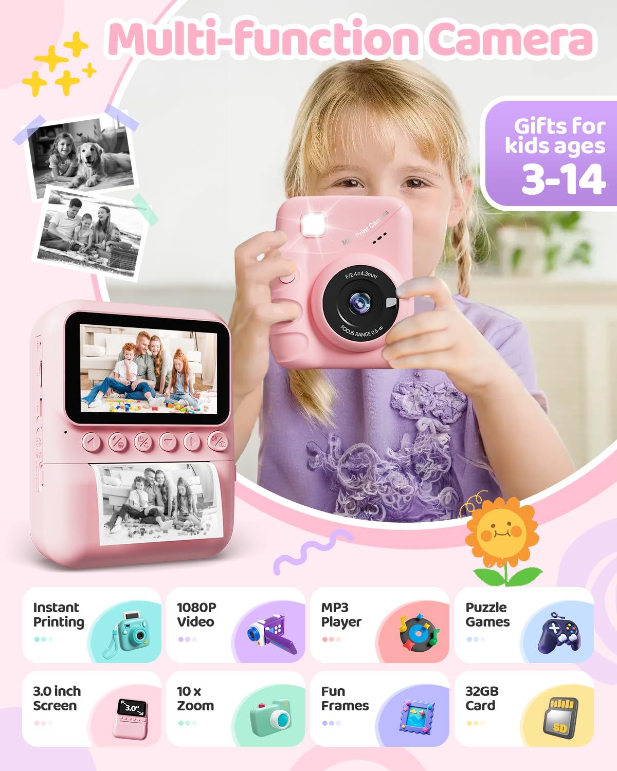 Appareil Photo Instantané Enfant, TIATUA 3.0" Grand Écran 48MP 1080P HD Appareil Photo Numérique Enfant avec Carte 32GB et Papier Photo Imprimé, Stylos Colorés, Cadeau pour Filles Garçons 3-12 Ans