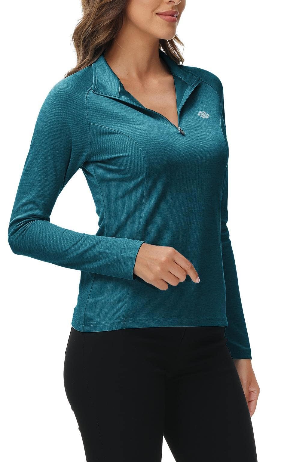 AjezMax Femme Shirt de Running Manches Longues - Vêtement de Sport Hiver Mi-Zippé Bleu mer M