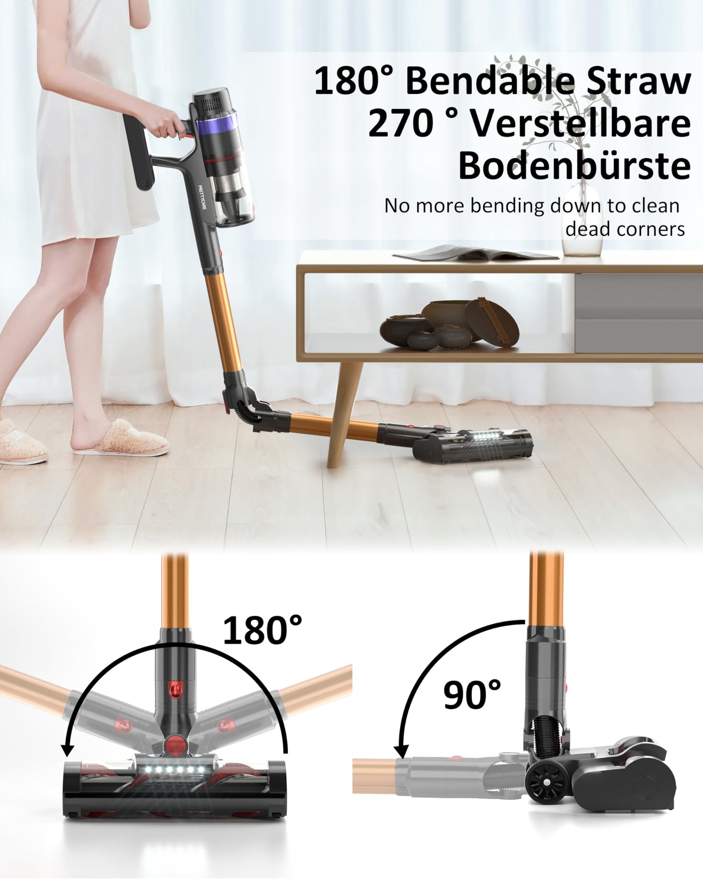 PRETTYCARE Aspirateur Balai sans Fil, 45KPA/560W Aspirateur sans Fil Puissant Léger a Une Autonomie de 60 Minutes en Mode Automatique, Brosse LED pour Les Poils d'animaux,Tapis,Cuisine