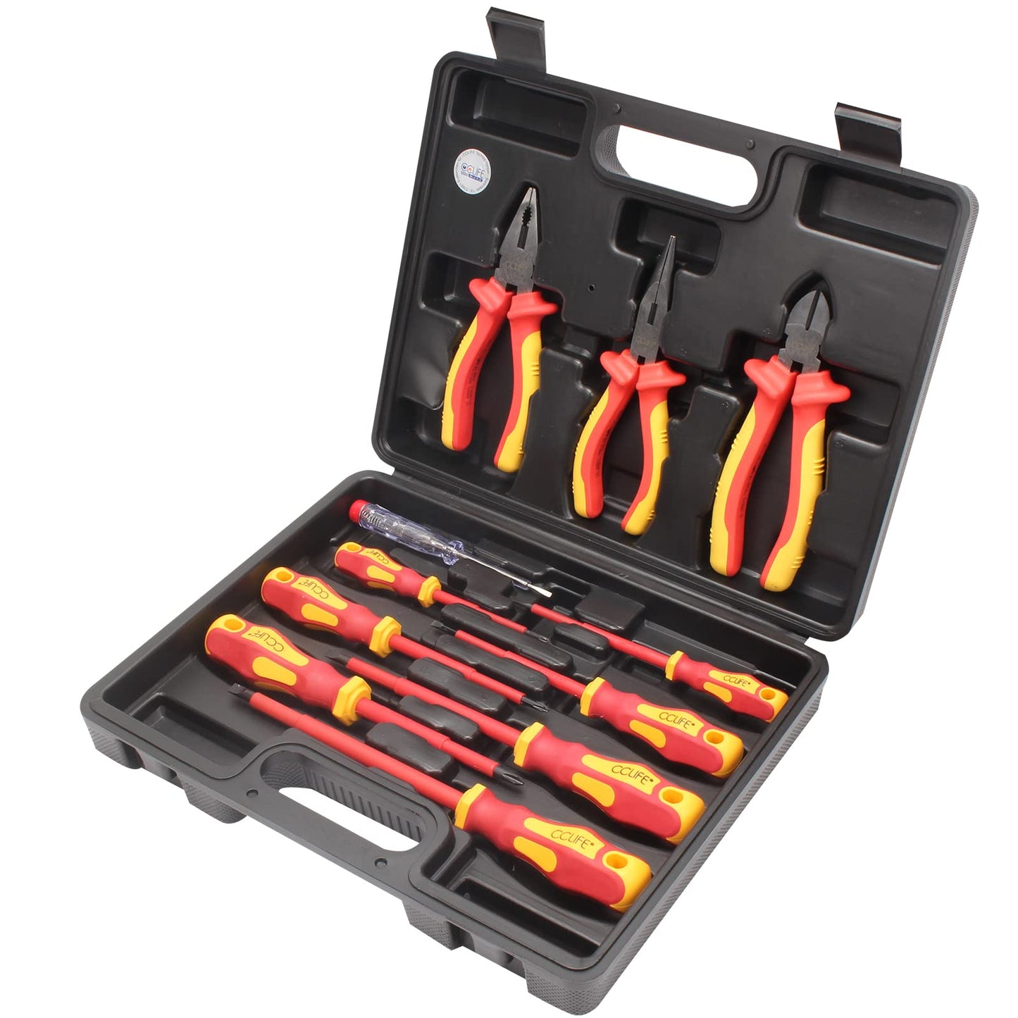 CCLIFE Jeu de 11pcs VDE Tournevis et Pinces outils électricien isolé 1000V avec testeur de tension, Coffret tournevis tête plats et PH cruciformes, Poignée en caoutchouc antidérapante