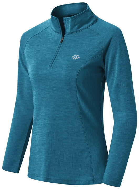 AjezMax Femme Shirt de Running Manches Longues - Vêtement de Sport Hiver Mi-Zippé Bleu mer M