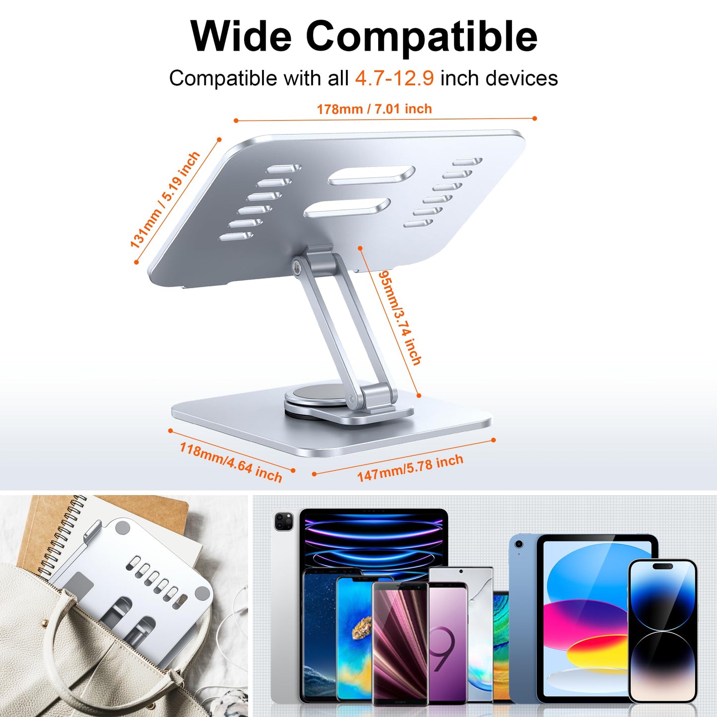 Lucrave Support de Tablette, Support pour iPad, Support de Moniteur Pliable Rotatif à 360° en Aluminium pour Bureau Compatible avec iPad Pro 10.5, 11, Air Mini 5 6, Samsung Tab(4-13'')