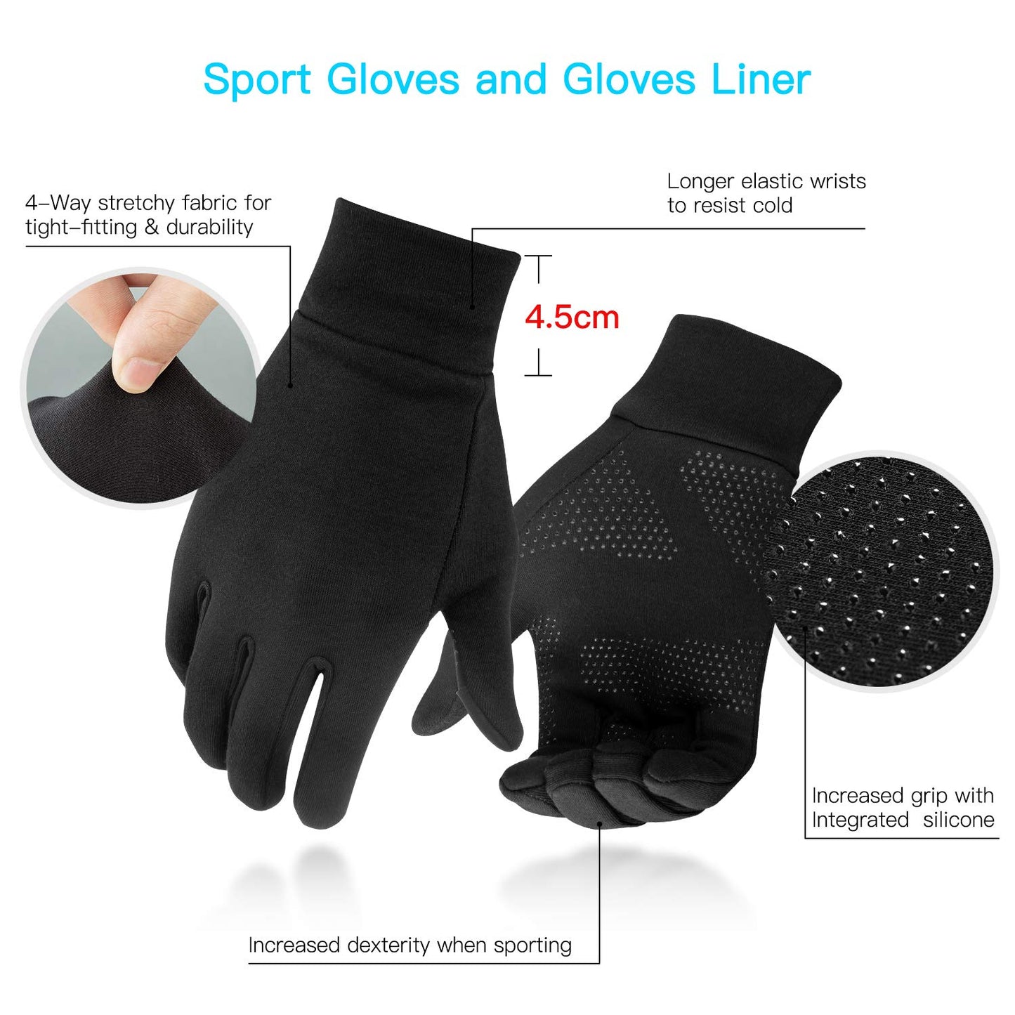 Unigear Gants Doublure Chauffants, sous Gants à Écran Tactile Gants de Cyclisme Gants de Course à Pied Coupe-Vent Respirant Antidérapant Idéal pour Vélo Exercice Sport Running Ski Snowboard Moto