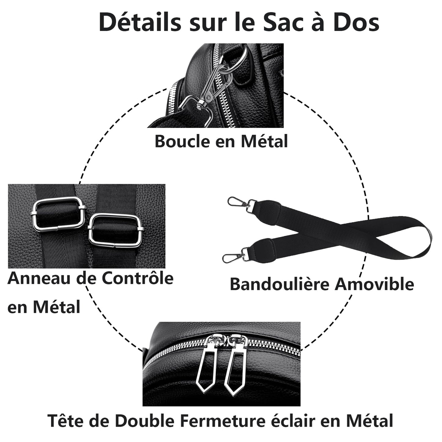 HUAZHIMAO Petit Sac a Dos Femme, 3 en 1 Cuir Sacs à Main Portés Dos Femme Imperméable Sacs à Portés Dos Plusieurs Poches Mini Sac a Dos Elegant Leger Sacs À Bandoulière pour Voyage, Shopping (Noir)