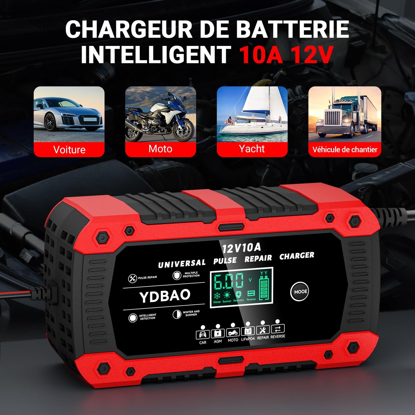 YDBAO Chargeur de Batterie Voiture 12V 10A LiFePO4 Chargeur pour Auto Moto Intelligent avec Réparation Écran LCD 6 Modes pour AGM Gel SLA Wet