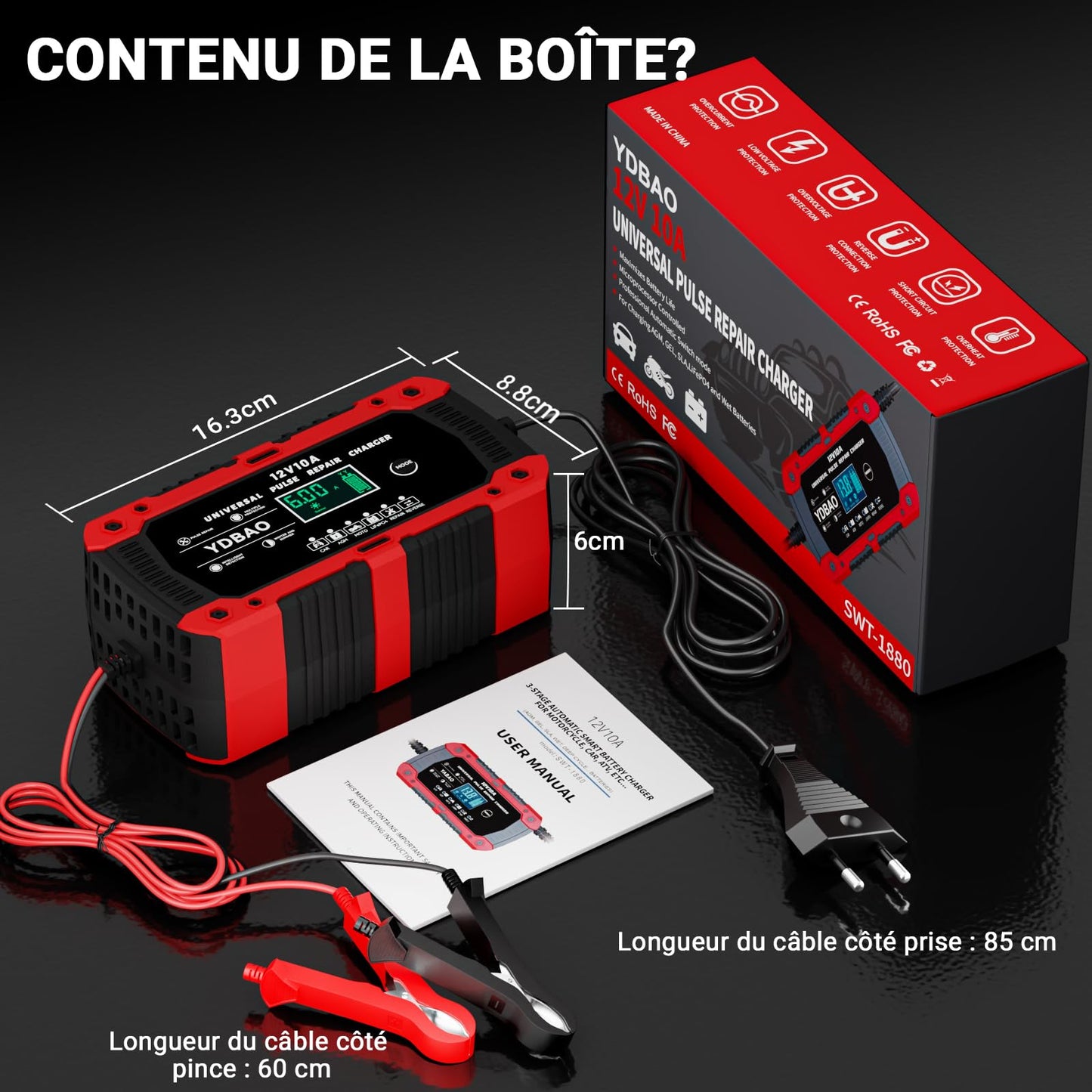 YDBAO Chargeur de Batterie Voiture 12V 10A LiFePO4 Chargeur pour Auto Moto Intelligent avec Réparation Écran LCD 6 Modes pour AGM Gel SLA Wet