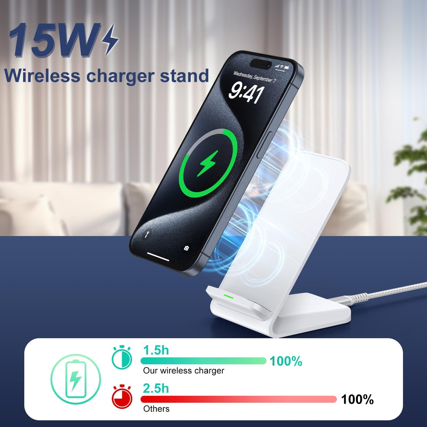 Chargeur sans Fil 15W, Chargeur Induction Rapide Wireless Charger Stand pour Samsung Galaxy S24 Ultra/S23/S22/S21/S20/S9/Note 20, iPhone 16/15/14/13/12/11 Pro Max, Google Pixel 9 Pro 8 7 a 6, Xiaomi