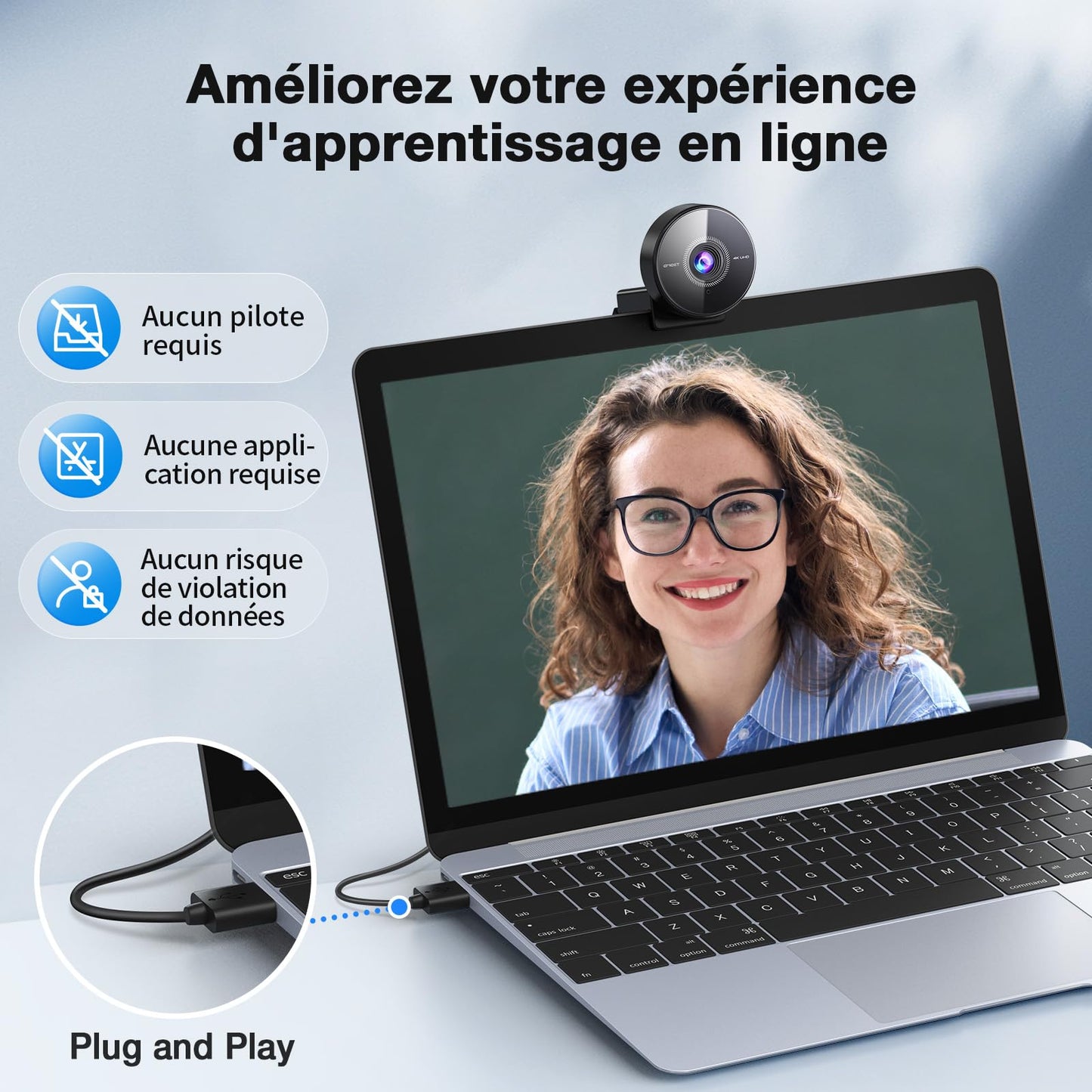 eMeet C950 4K Webcam pour PC, 4K UHD 8 mégapixels, PDAF Autofocus, Microphone avec Suppression du Bruit, 1080P@60FPS, Protection de la Vie Privée, USB 2.0 Plug&Play, Webcam idéale pour Zoom/Teams