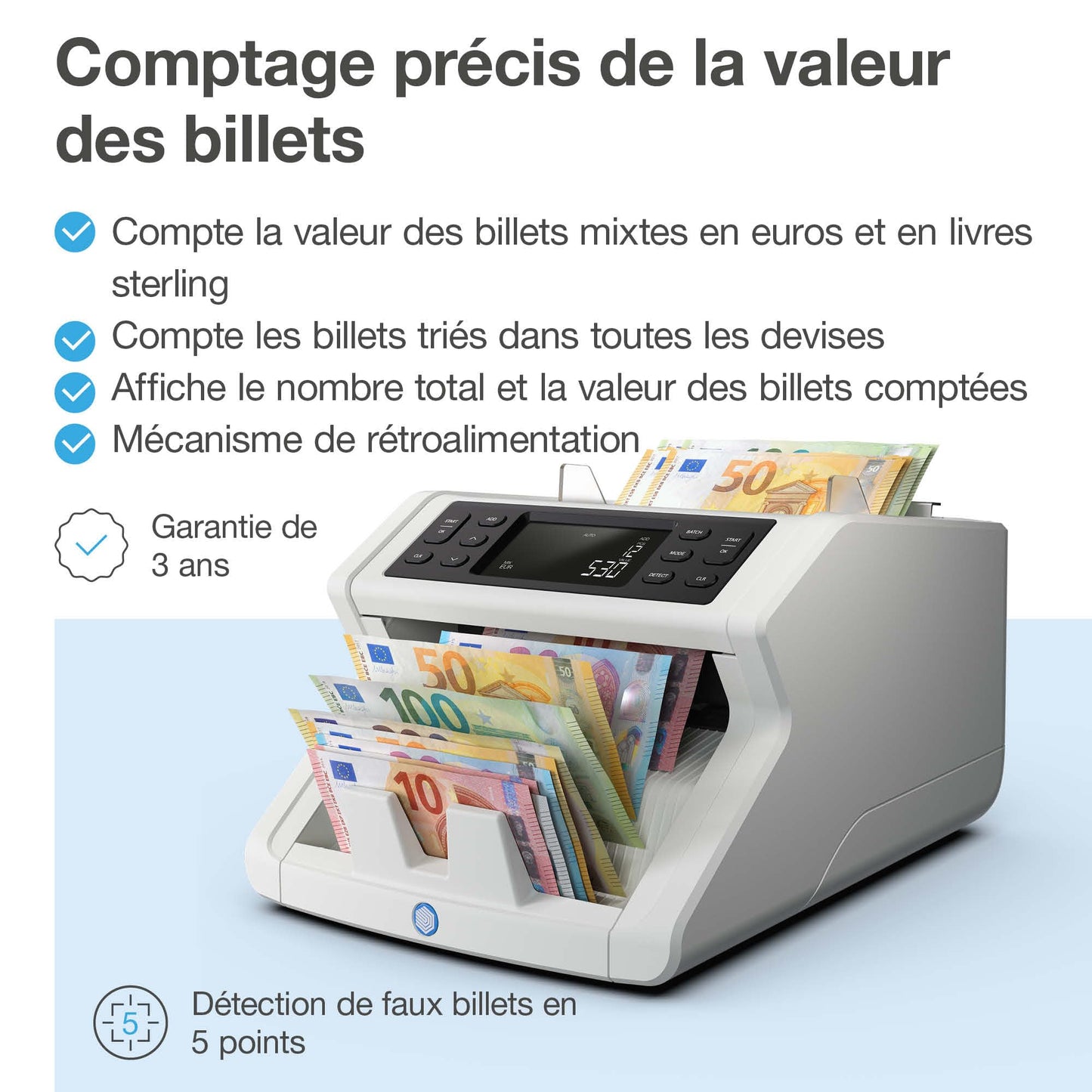 Safescan 2265 compteuse de billets pour les billets mélangés euro et livre sterling - Compteur de billets avec détection de faux billets sur 5 points - Compte les billets triés de toutes les devises