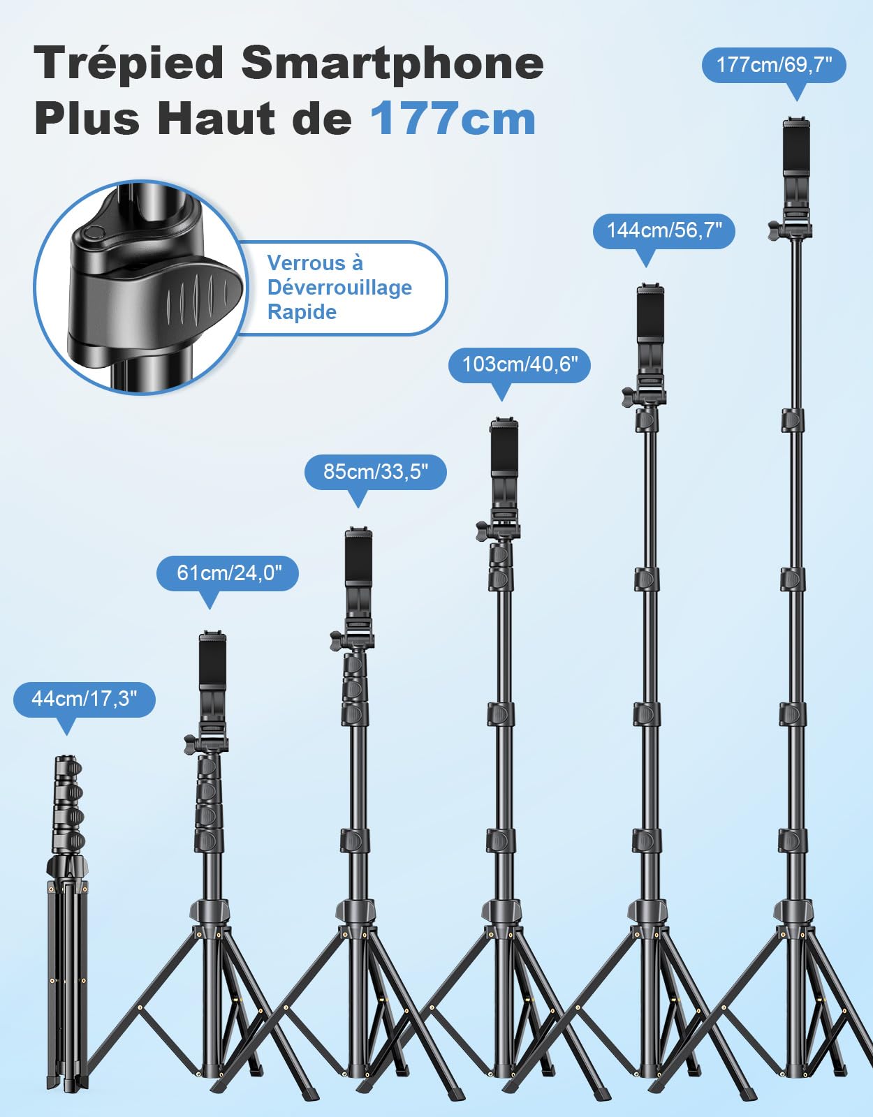 CIRYCASE 177cm Trepied Smartphone, Portable Trépied Appareil Photo Extensible en Aluminium avec Télécommande sans Fil, Perche a Selfie Trepied Telephone Réglable Compatible avec iPhone/Galaxy/Gopro