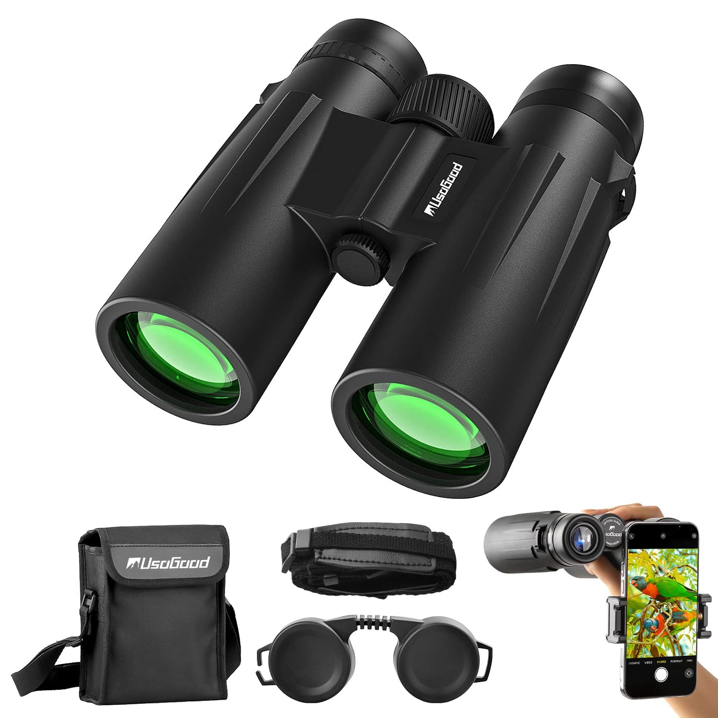 Usogood Jumelles compactes HD 10 x 42 pour Adultes, prismes BAK4, objectifs FMC, Jumelles étanches pour l'observation des Oiseaux, la randonnée, l'observation de la Faune avec Adaptateur téléphonique