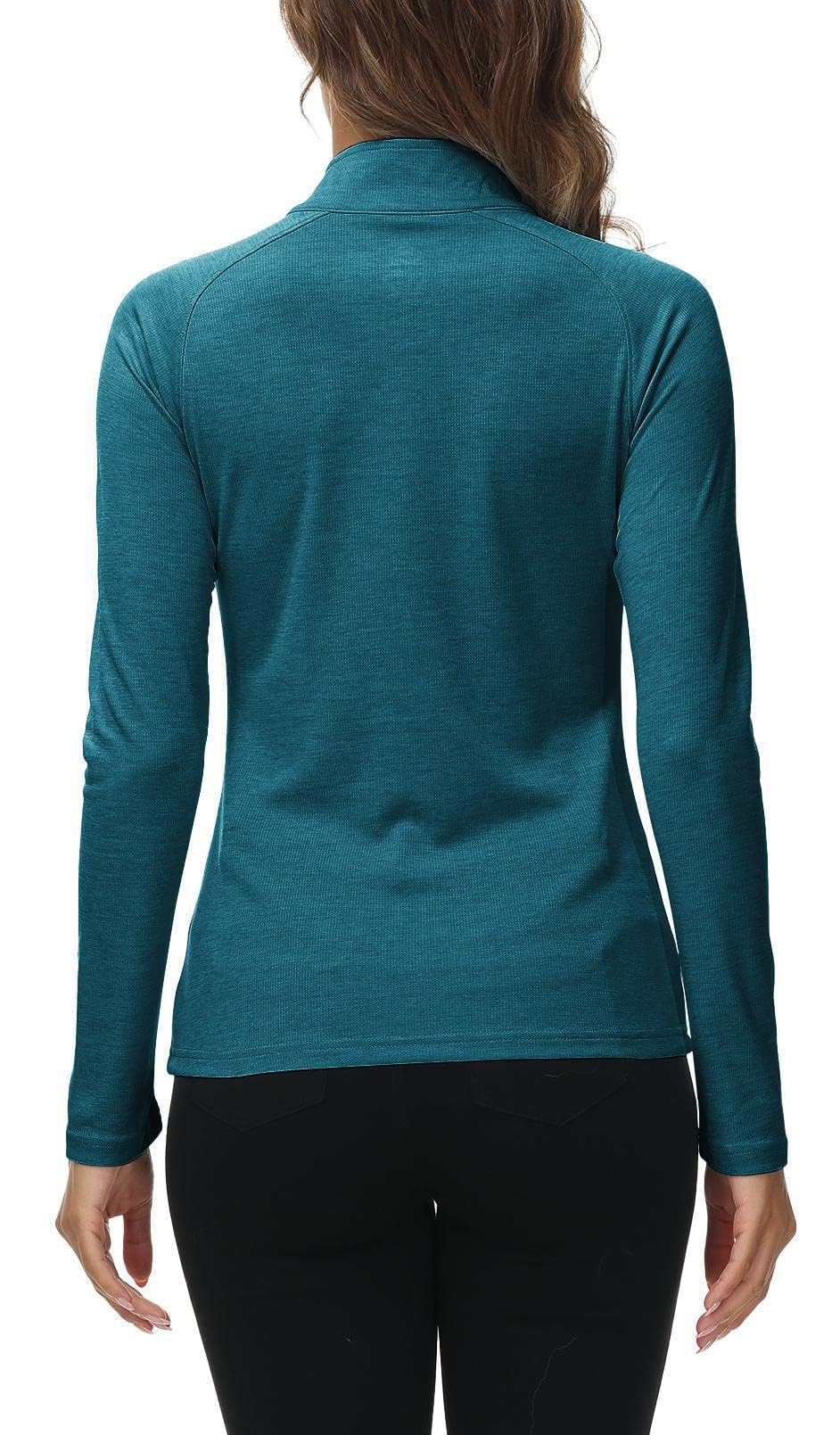 AjezMax Femme Shirt de Running Manches Longues - Vêtement de Sport Hiver Mi-Zippé Bleu mer M