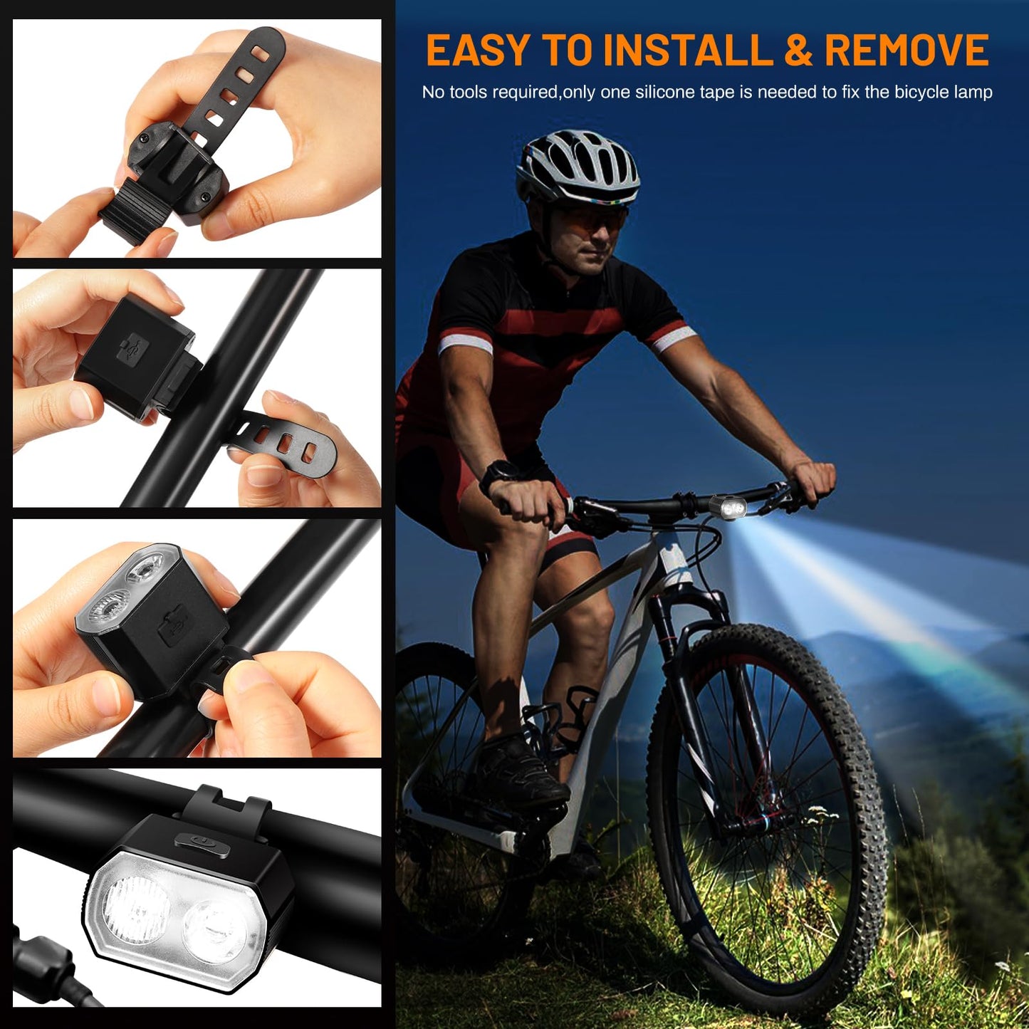 Vinabo Kit Lumières pour Vélo - Phare et Feu Arrière, Longue Autonomie, Recharge USB, Etanche IPX6, 6 Modes D'éclairage, Léger et Durable, Adapté à Tous Les Vélos et à Diverses Conditions de Cyclisme