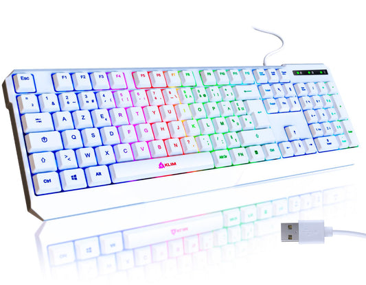 KLIM Chroma Clavier Gamer AZERTY FR - Nouveauté 2024 - Silencieux USB - Clavier Filaire Rétroéclairé LED - PC Gaming PS4 PS5 Mac - Blanc