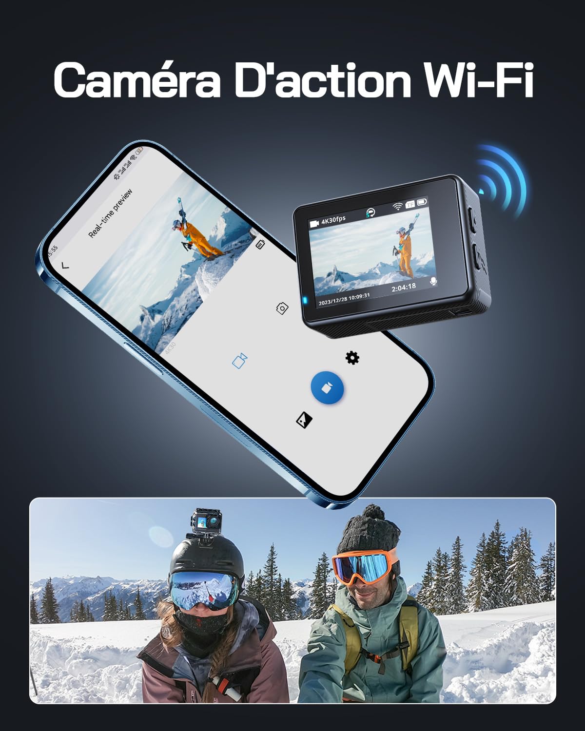 WOLFANG Caméra Sport 4K 20MP WiFi GA120, Caméra sous-Marine étanche 40M pour la Plongée en Apnée, Deux Écrans,Caméra Sport Grand Angle 170 °,EIS, Microphone Externe, Télécommande