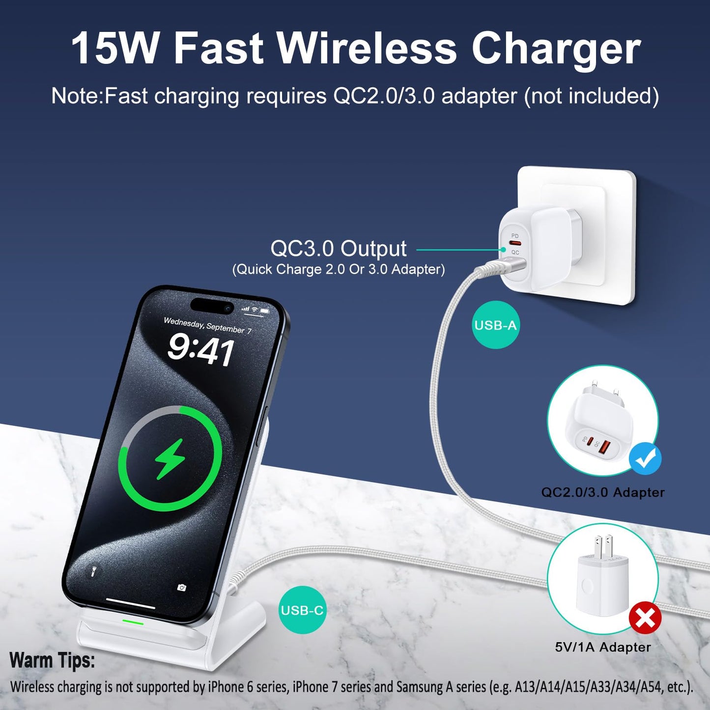 Chargeur sans Fil 15W, Chargeur Induction Rapide Wireless Charger Stand pour Samsung Galaxy S24 Ultra/S23/S22/S21/S20/S9/Note 20, iPhone 16/15/14/13/12/11 Pro Max, Google Pixel 9 Pro 8 7 a 6, Xiaomi