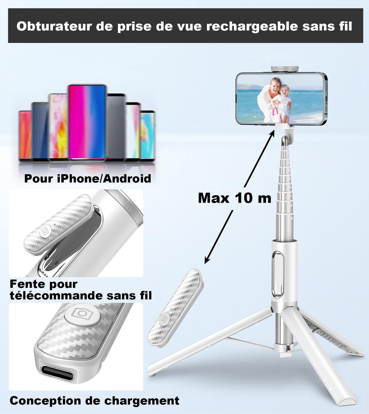 TONEOF 170CM Trépied Voyage, Tout-en-1 Perche Selfie Trépied avec Télécommande sans Fil, Extensible,Portable, Support Téléphone Rotatif pour iPhone/Samsung-Blanc