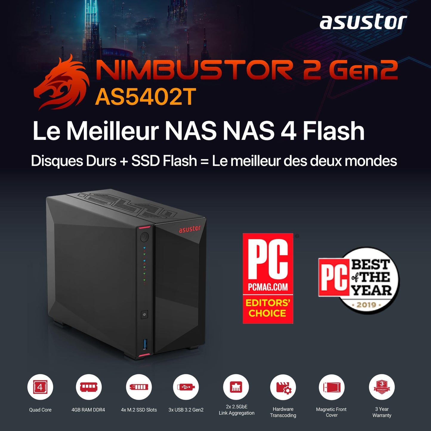 Asustor AS5402T Nimbustor 2 Gen2 - Serveur NAS 2 Baies, Quad-Core 2.0GHz CPU, 4 emplacements M.2 NVMe SSD, Deux Ports 2.5GbE, 4GO RAM DDR, Serveur de Stockage en réseau (sans disques)