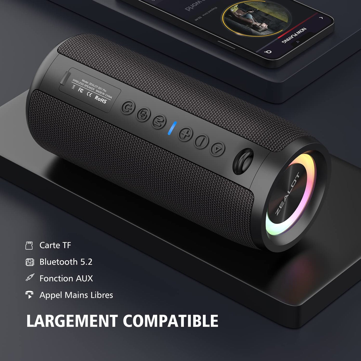 ZEALOT Enceinte Portable Bluetooth avec lumière LED, Basses stéréo puissantes de 40W, Batterie 5200mAh, Micro SD/TF, Bluetooth 5.2 et étanchéité IPX6, Haut-Parleur Bluetooth pour Voyages, Cadeaux