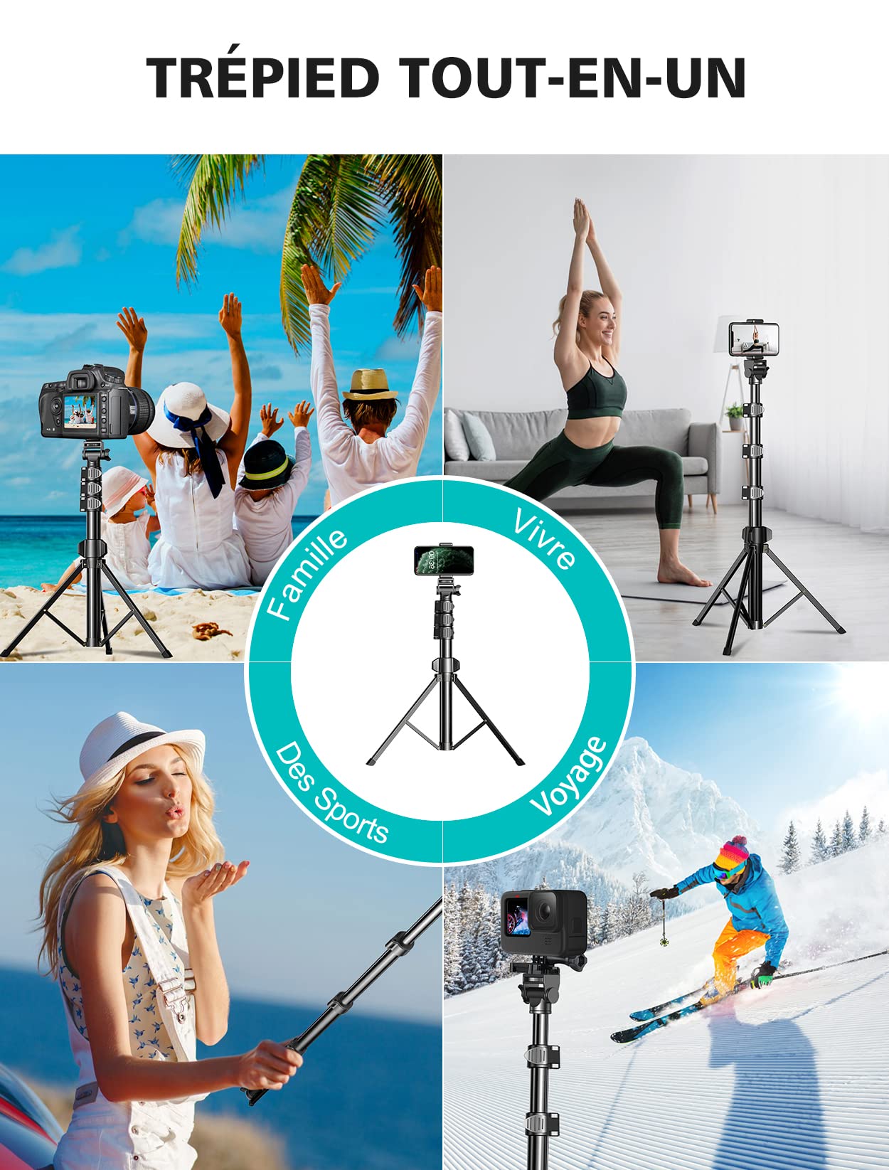 CIRYCASE Trépied Smartphone, 142cm Extensible Perche a Selfie Monopods Trepied Aluminium avec Télécommande Bluetooth & Support de Téléphone Universel Compatible avec iPhone, Appareil Photo et Gopro