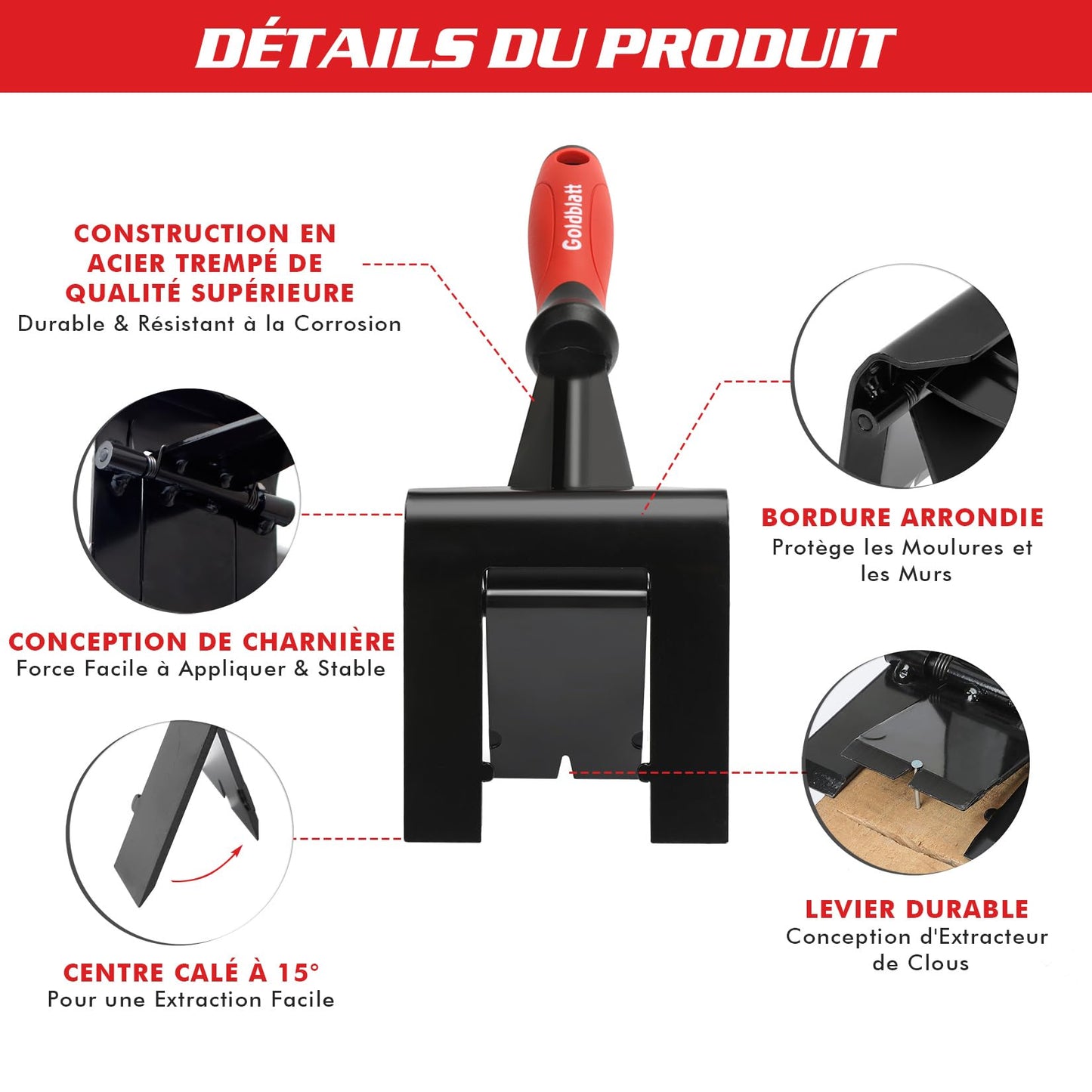 Goldblatt Extracteur de Garniture pour Plinthe, Pieds-de-biche, Barres de Levier, Outil de Retrait pour Enlever les Planchers en Bois, Boîtiers de Porte, Carrelage, Clous