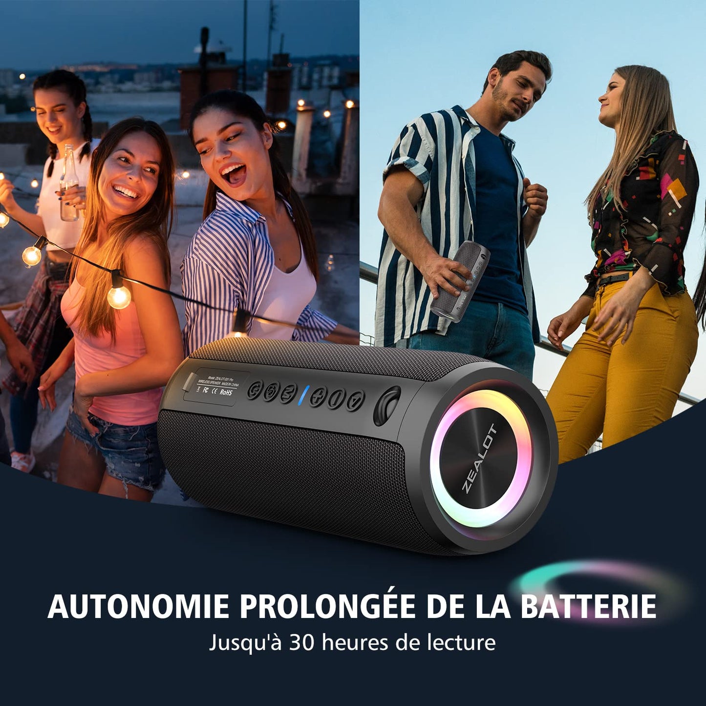 ZEALOT Enceinte Portable Bluetooth avec lumière LED, Basses stéréo puissantes de 40W, Batterie 5200mAh, Micro SD/TF, Bluetooth 5.2 et étanchéité IPX6, Haut-Parleur Bluetooth pour Voyages, Cadeaux