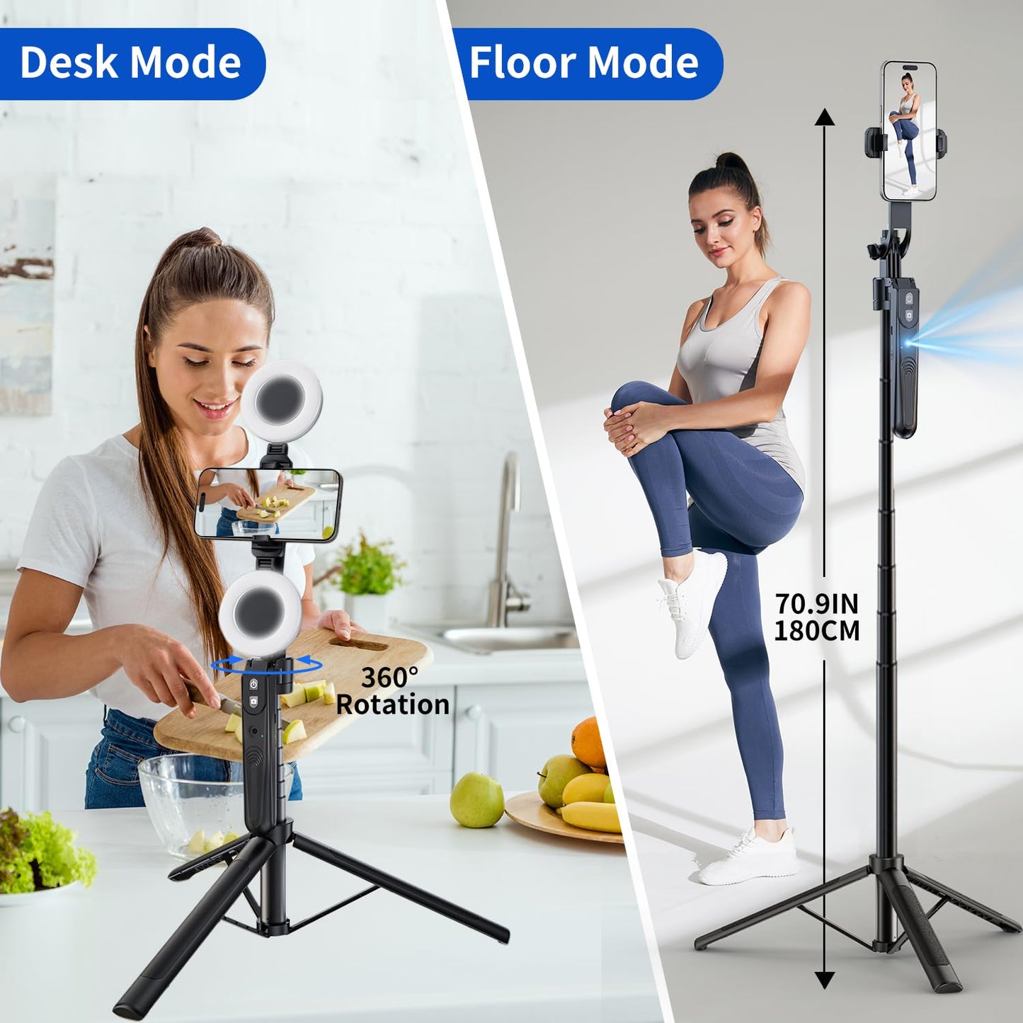 yAyusi Automatique Visage Suivi Trépied avec Lumière, sans App, 360° Rotate 180cm Support de Téléphone avec Capteur de Mouvement, Rétractable Support de Caméra pour Vlog/Vidéo/Enregistrement