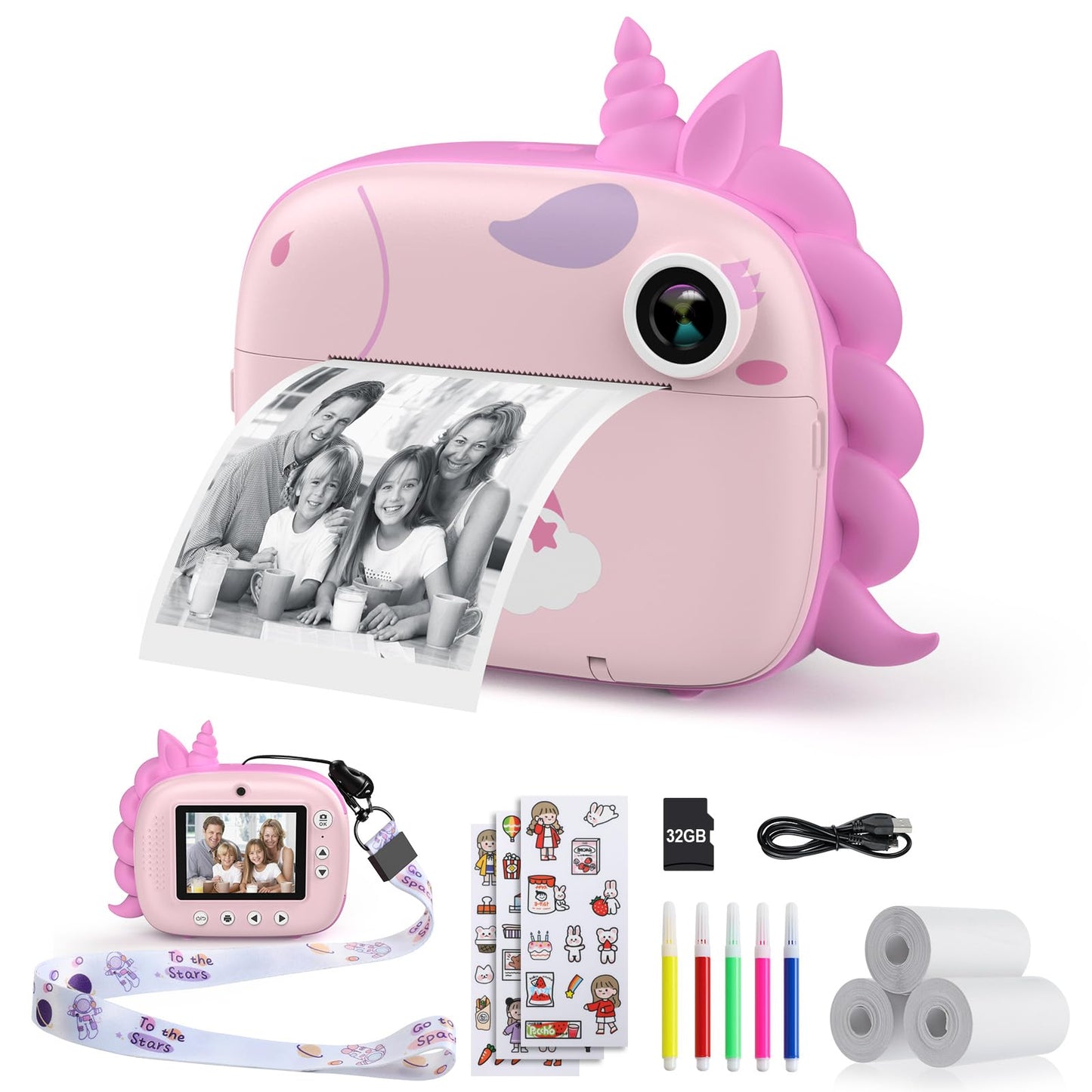 HiMont Appareil Photo Numérique Instantané,avec Papier d'impression & Carte TF 32G, Caméra Vidéo avec Stylos Colorés pour Le Bricolage, Cadeau pour Filles Garçons de 3-14 Ans