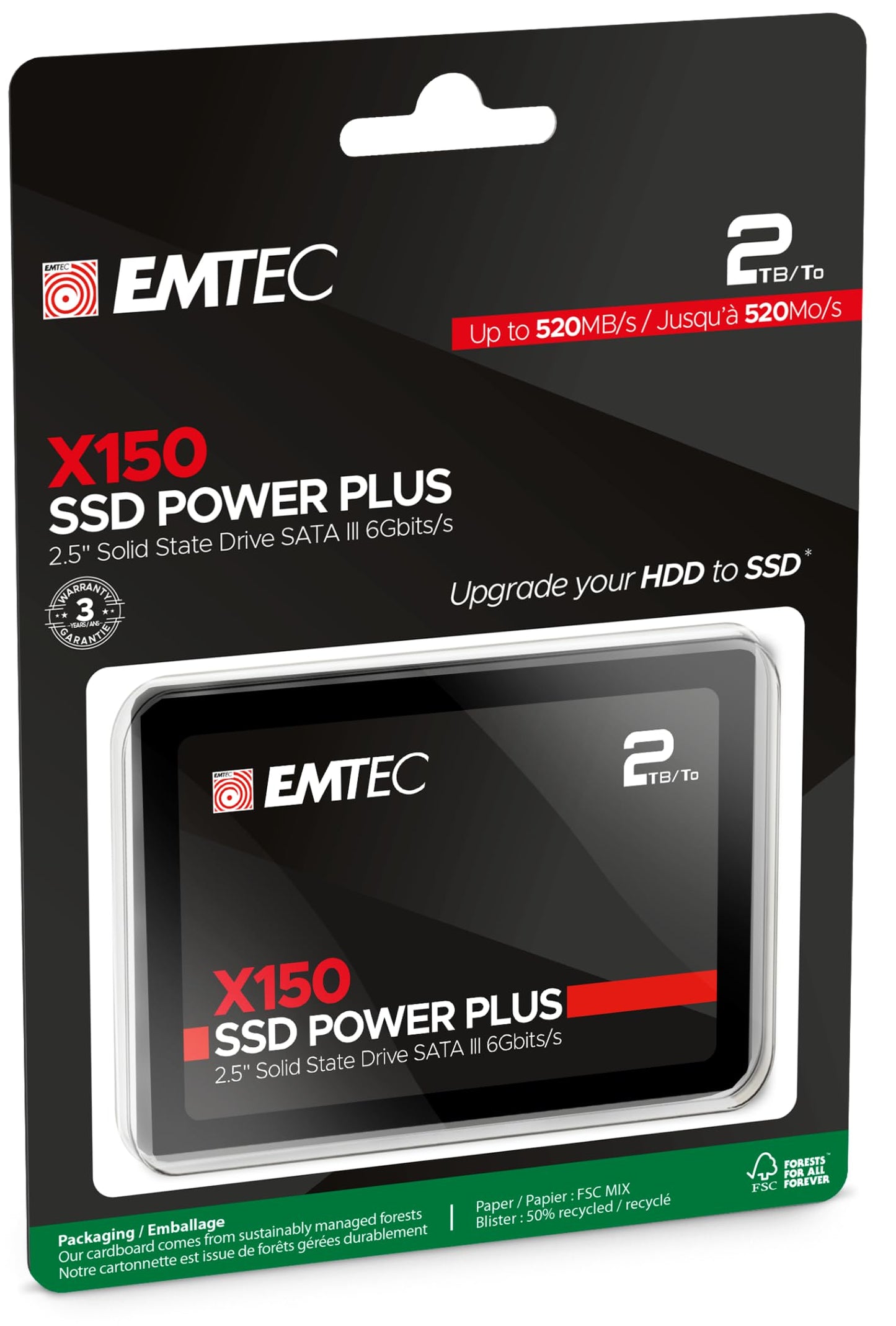 EMTEC - Disque Dur SSD Interne 2,5" - SATA X150 Power Plus 3D NAND 2To - 10x Plus Rapide Qu’Un Disque Dur Classique - Démarrage & Arrêt d'Ordinateur Performants