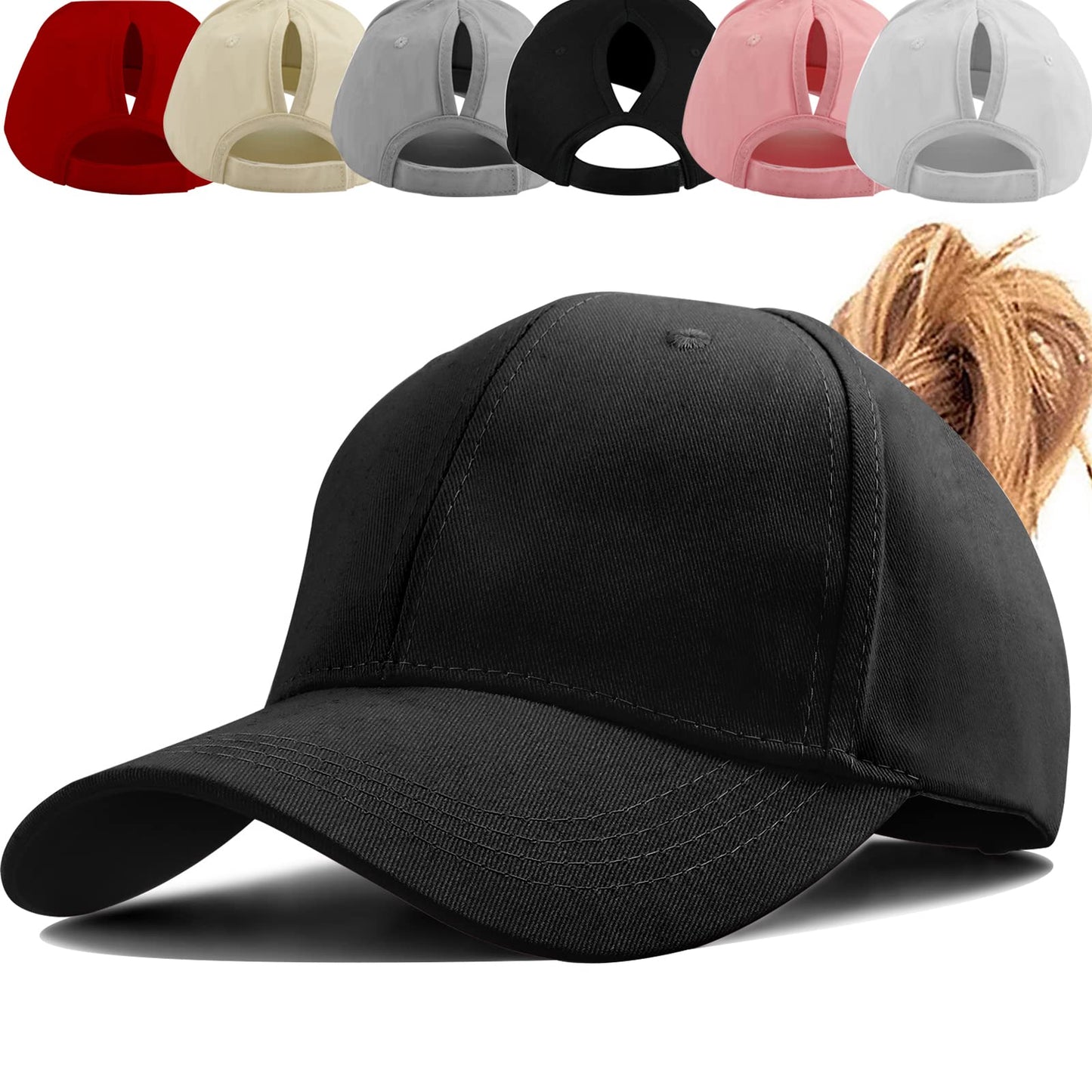 Queue de Cheval Casquette de Baseball, Coton Respirante Ajustable Légère Anti-Soleil, Unisexe Couleur Vintage Messy Casquette Cross Hat (Noir)