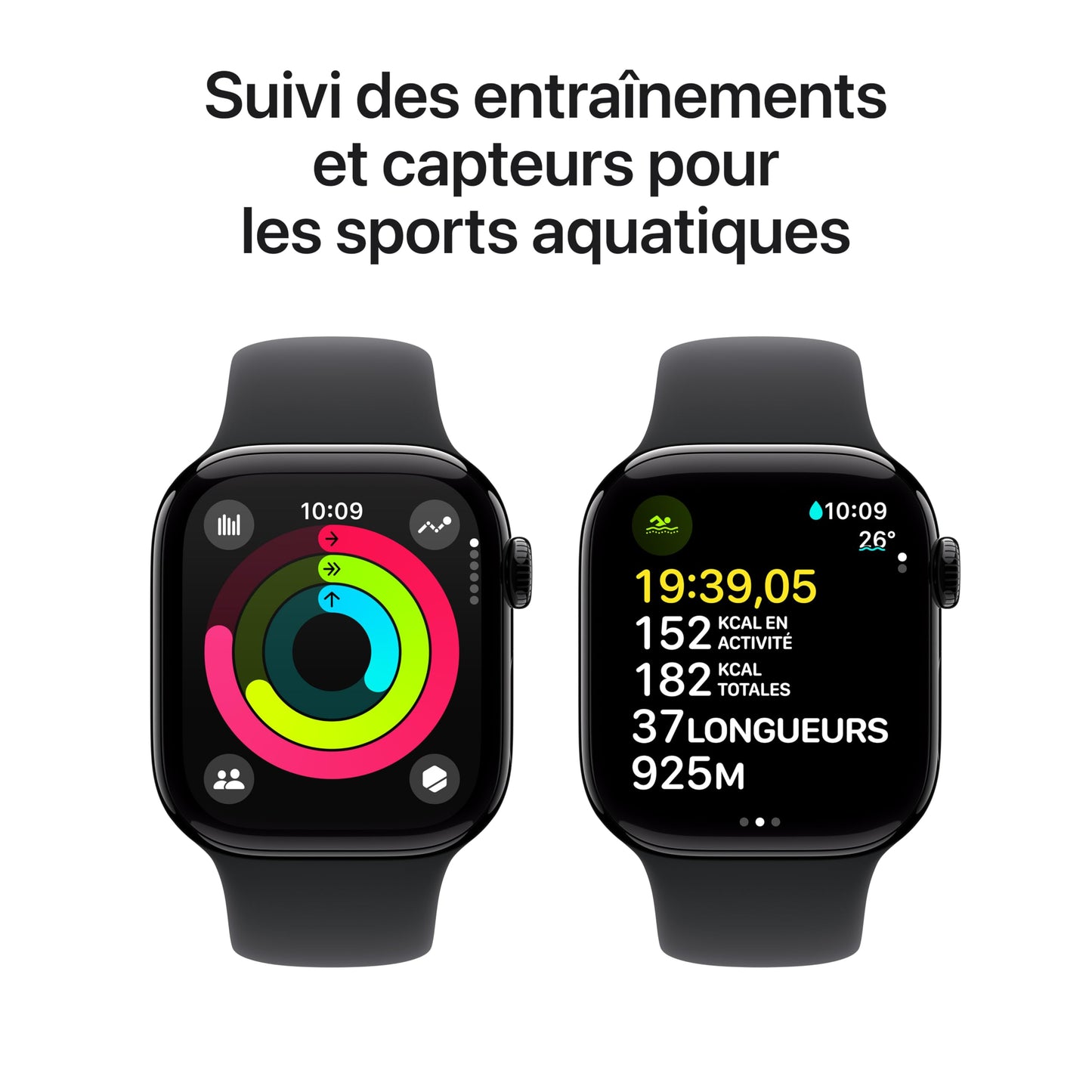 Apple Watch Series 10 (42 mm GPS) Montre connectée avec Boîtier en Aluminium Noir de Jais et Bracelet Sport Noir (S/M). Suivi de l’activité Physique, app ECG, écran Retina Toujours activé