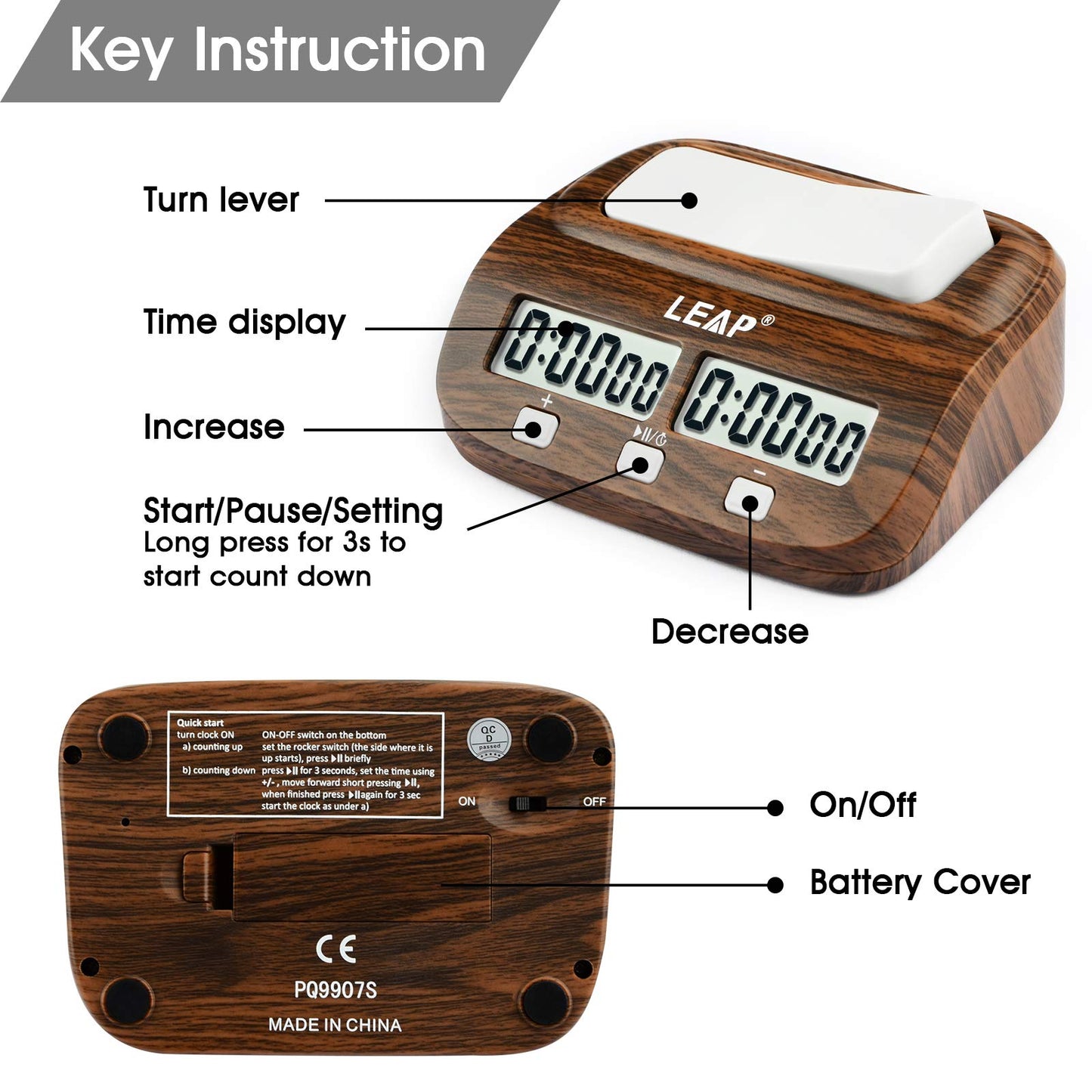 LEAP Horloge d'échecs numérique professionnelle pour jeux de société, avec fonction alarme, aspect bois