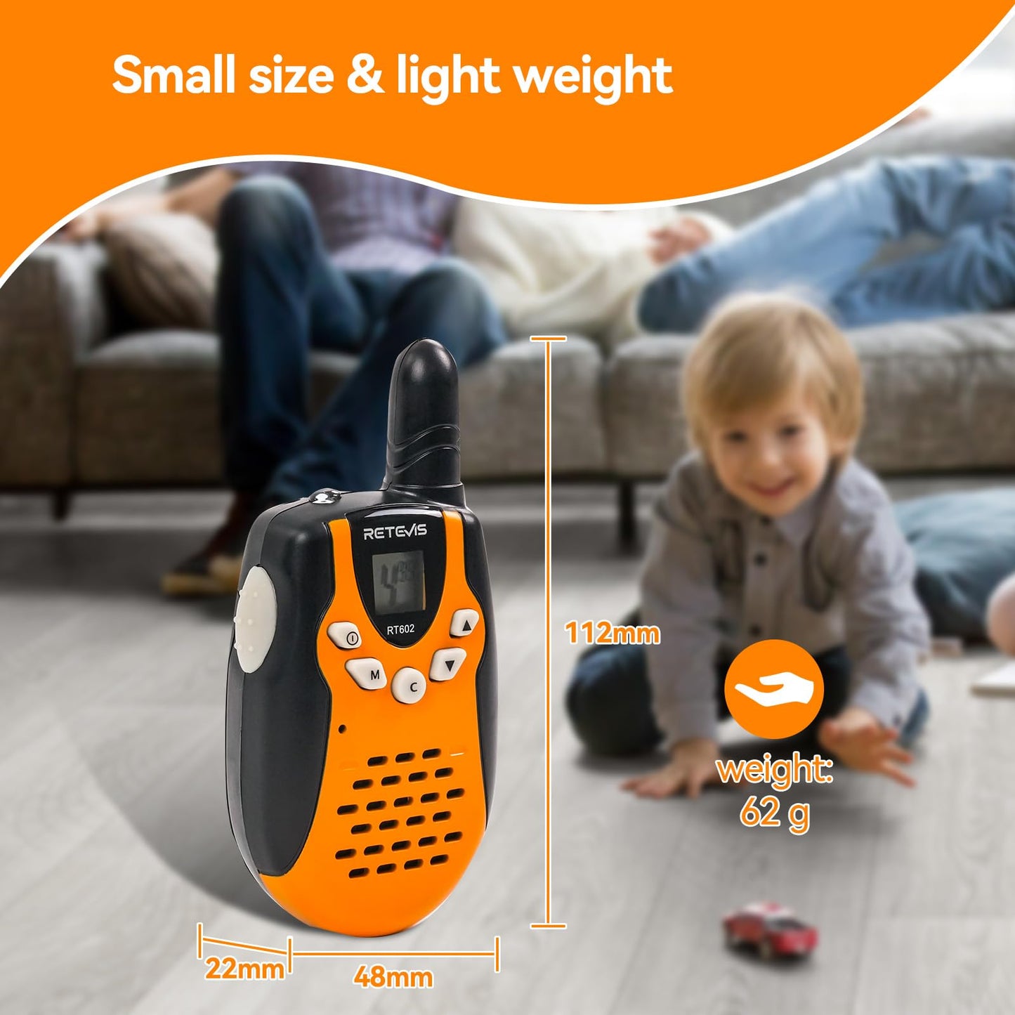 Retevis RT602 Talkie Walkie Rechargeable, Jouet Enfant avec Base de Chargement et Li ION Batterie, Lampe Poche, Cadeau pour Camping, Aventure, Jeux de Jardin(1 Paire, Orange)