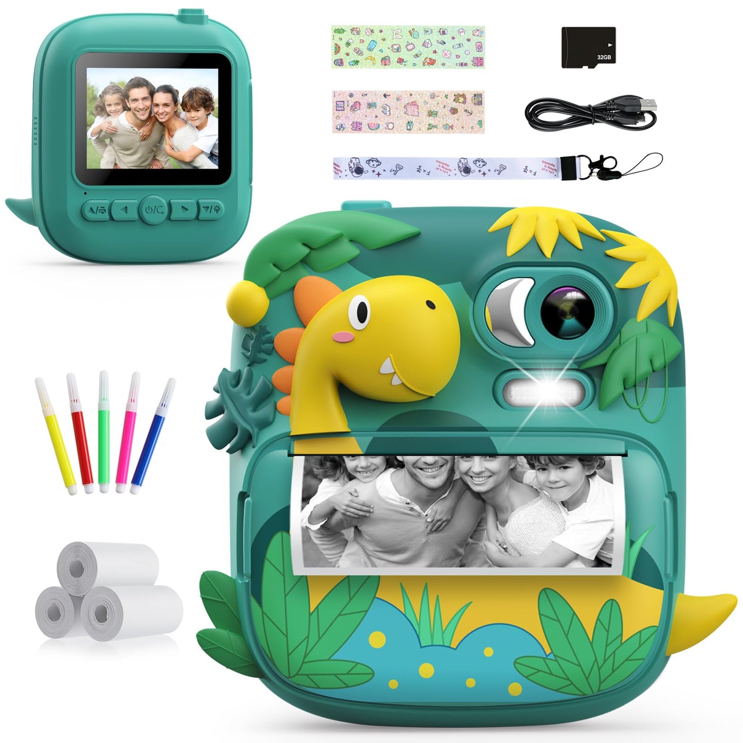 CAMCLID Appareil Photo Instantané Enfants, 12MP/1080P Appareils Photo Numérique Enfants avec Carte 32G et 3 Rouleaux de Papier, 2,4 Pouces Caméra Jouets Cadeau pour Garçons Filles 3-12 Ans