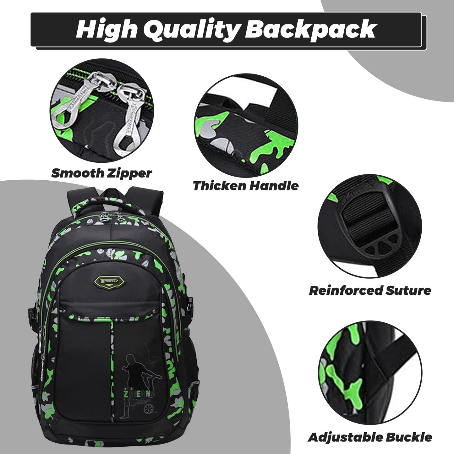 IvyH Sac a Dos Garcon, Cartable Camouflage Sets de Sacs Scolaires 3 en 1 Grande capacité Sac d ecole École Intermédiaire Secondaire Sac Ecole College pour Enfant Adolescent Garcon Filles(Vert)