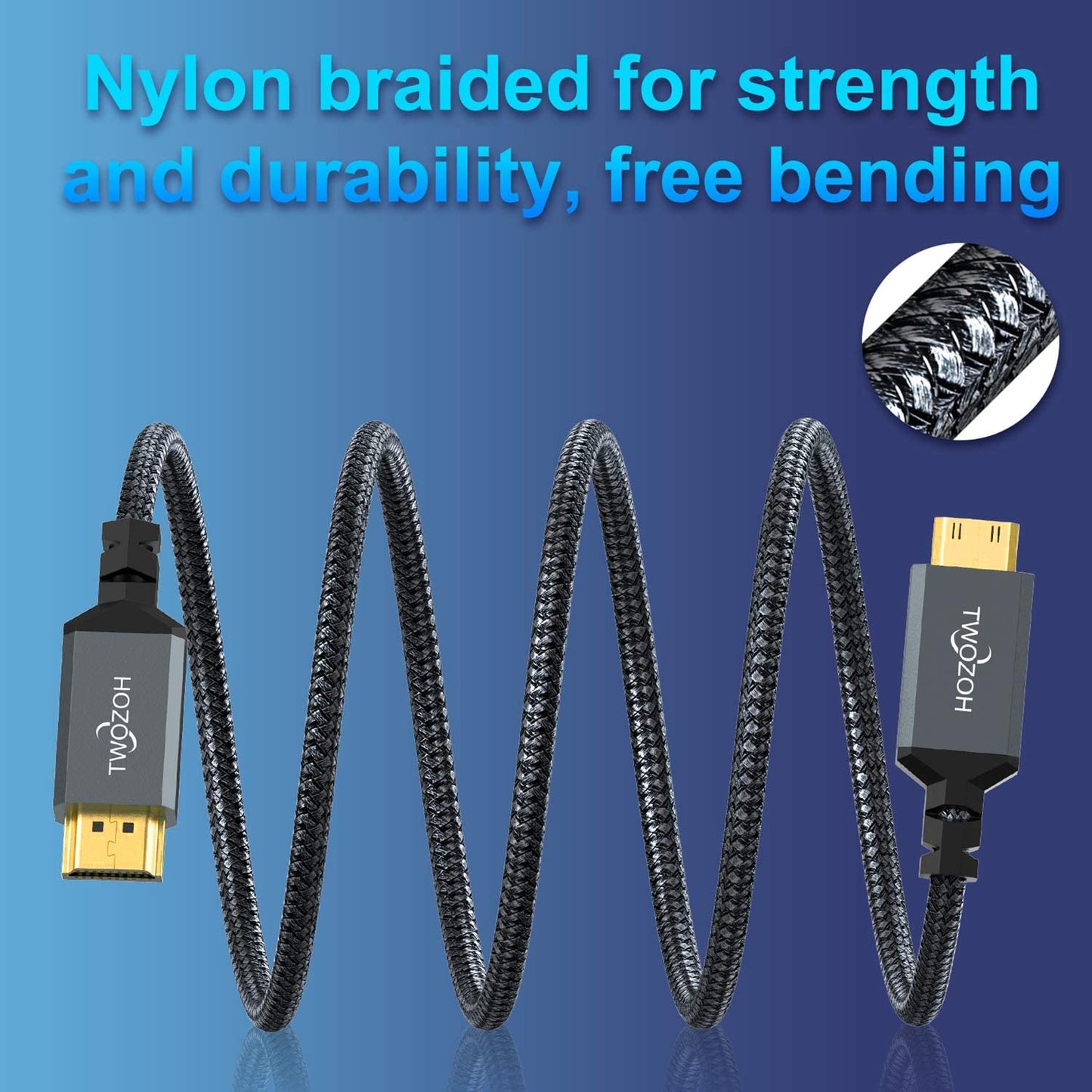 Twozoh Câble Mini HDMI vers HDMI 2M, Nylon tressé 4K Câble Mini HDMI C vers Full HDMI A, Supporte 3D Ethernet ARC 4K 60Hz 1080p