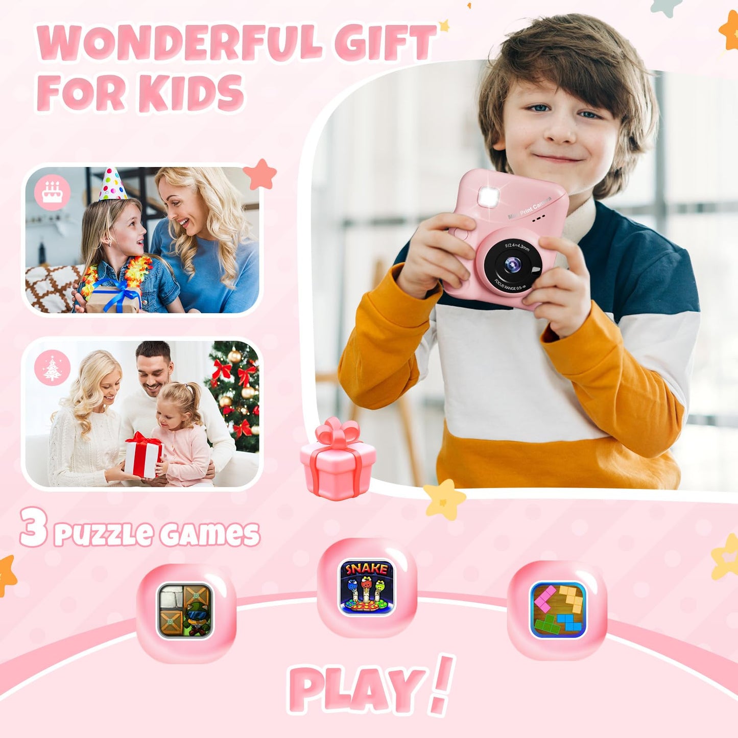 CalineGam Appareil Photo Instantané Enfant, 3,0 Pouces Écran HD 48MP Appareil Photo Enfants avec Carte 32 Go, 1080P Appareil Photo Jouet Cadeau pour Garçons Filles de 3 à 12 Ans (Rosa)