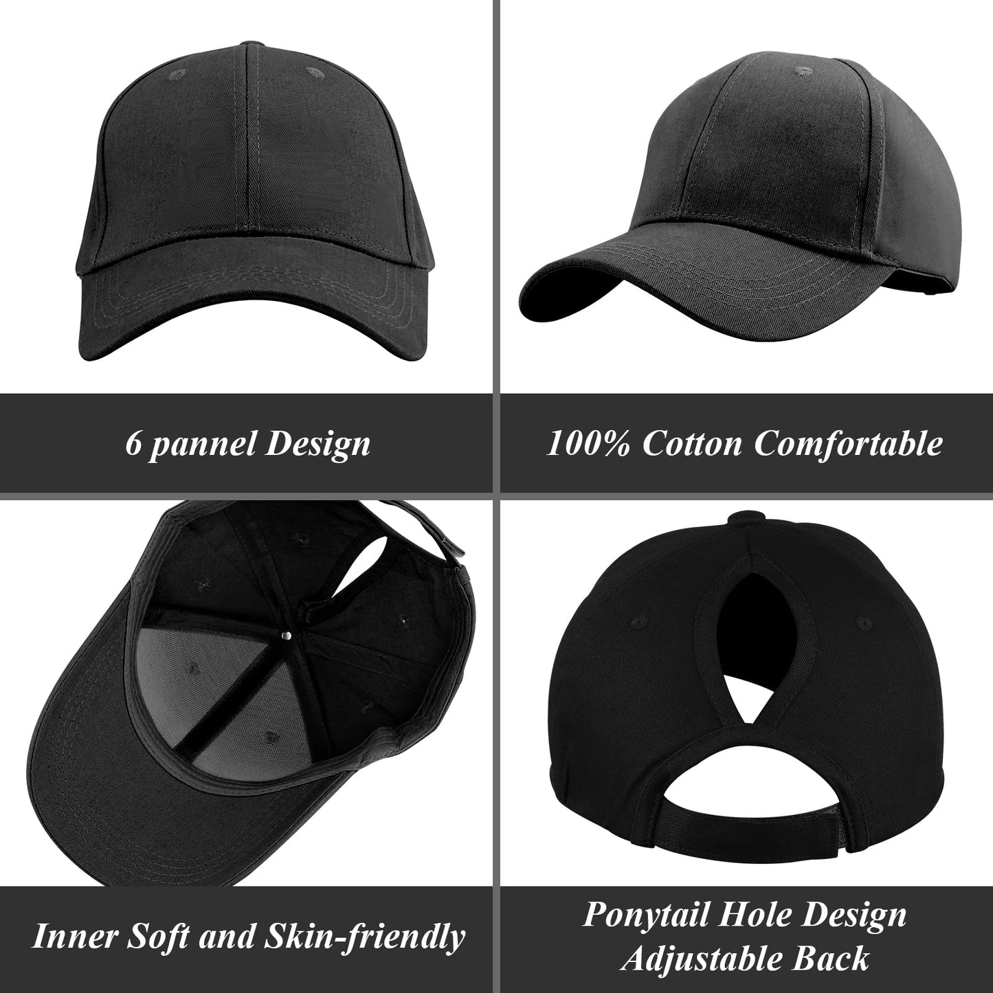 Queue de Cheval Casquette de Baseball, Coton Respirante Ajustable Légère Anti-Soleil, Unisexe Couleur Vintage Messy Casquette Cross Hat (Noir)