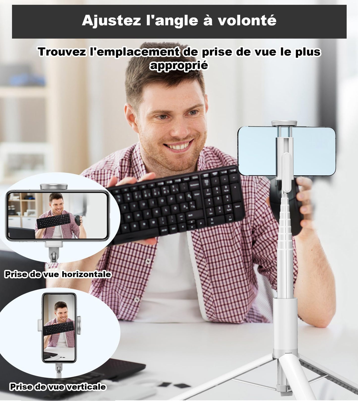 TONEOF 170CM Trépied Voyage, Tout-en-1 Perche Selfie Trépied avec Télécommande sans Fil, Extensible,Portable, Support Téléphone Rotatif pour iPhone/Samsung-Blanc